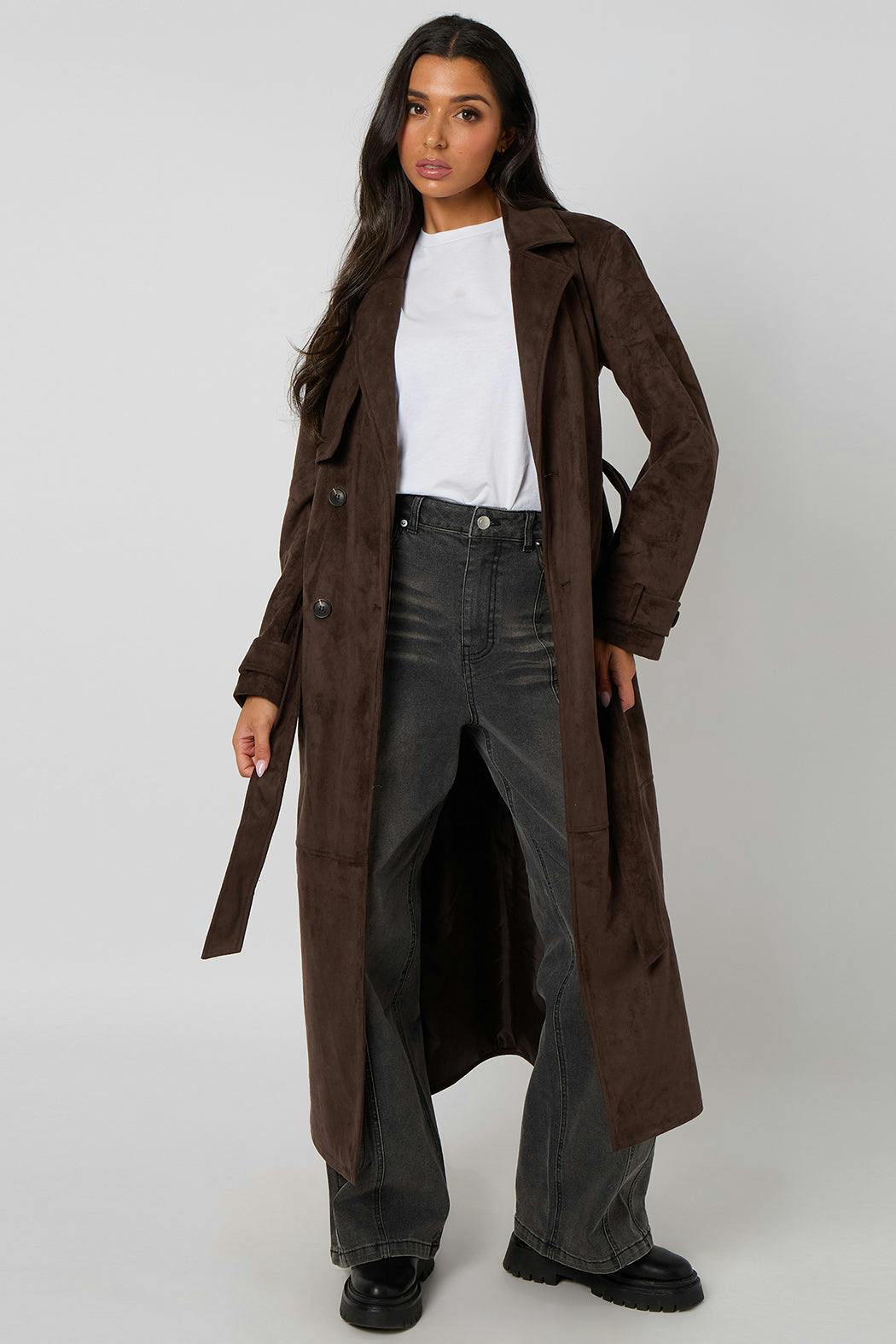 Urban Bliss Chocolate Faux Suede Trench Coat - 14