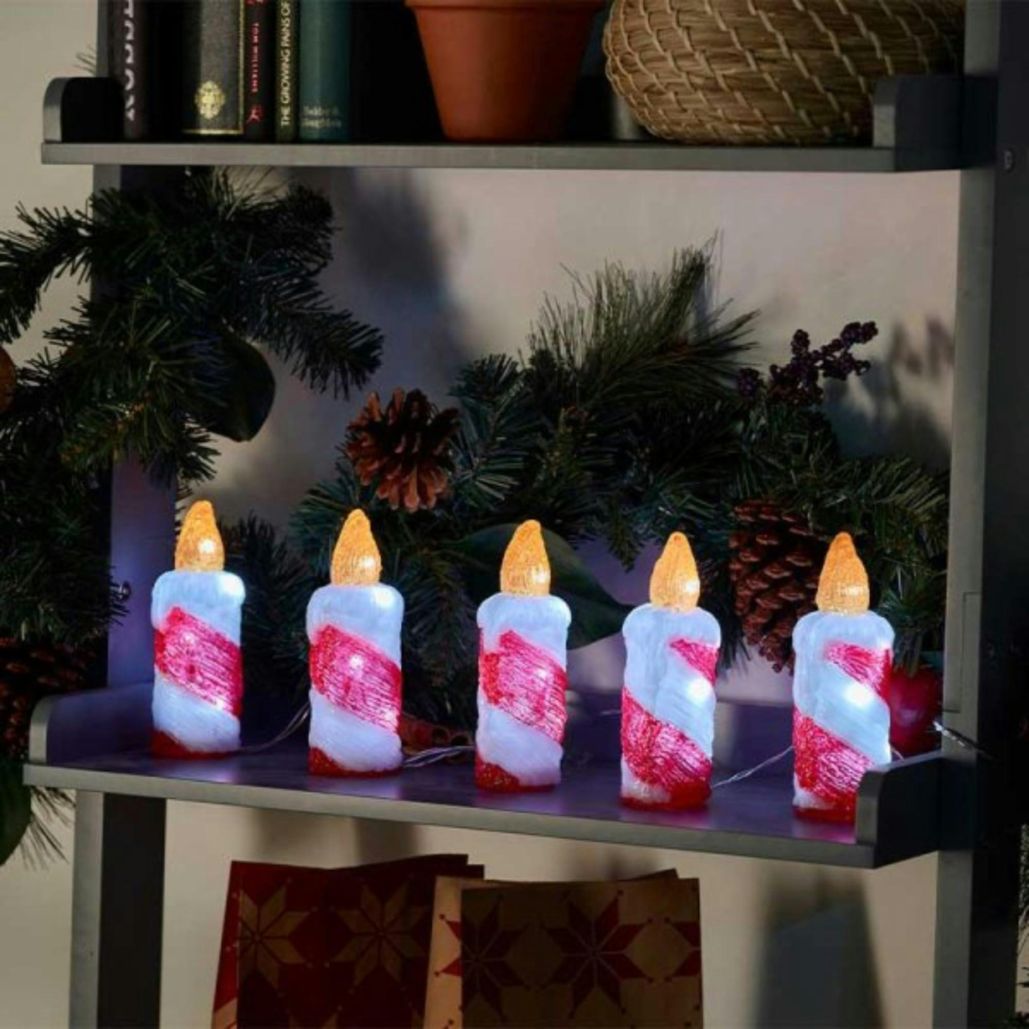 Samuel Alexander 15Cm Set Of 5 Battery Operated Light Up Christmas Candle Ornaments With 30 Cool White Leds - Red / White - Image 5