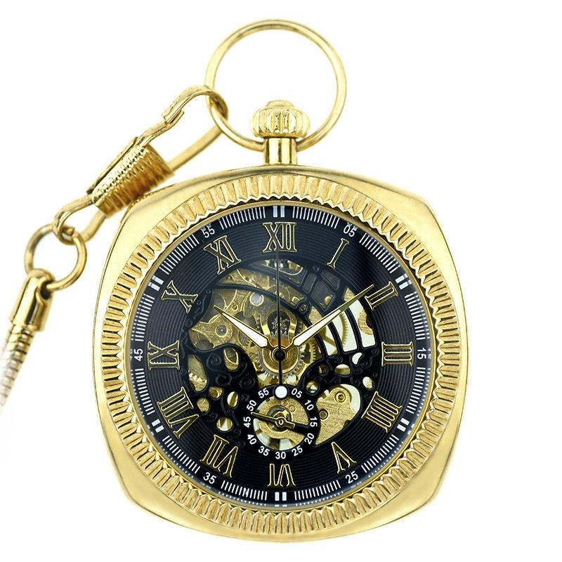 Infinity Leather Gold Mechanical Vintage Skeleton Square Open-Face Pocket Watch - One Size
