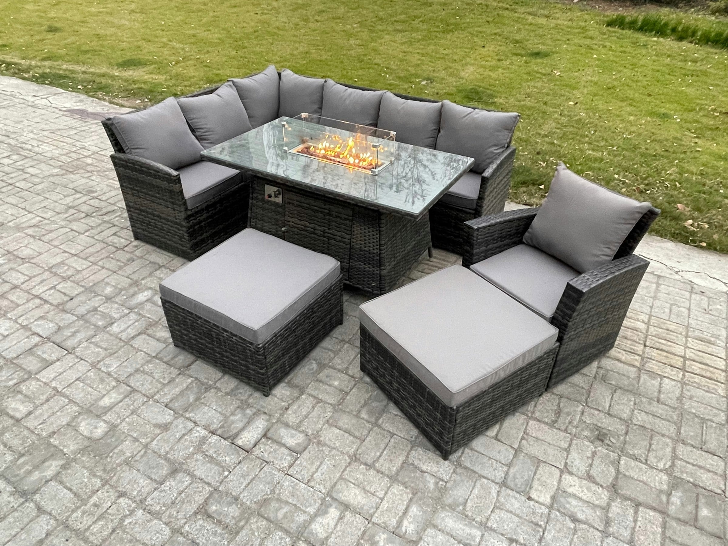 Rackhams Dark/Grey 9-Seater Rattan High Back Corner Sofa Dining Set | Gas Fire Pit Table & Heater, Armchair, 2 Footstools |