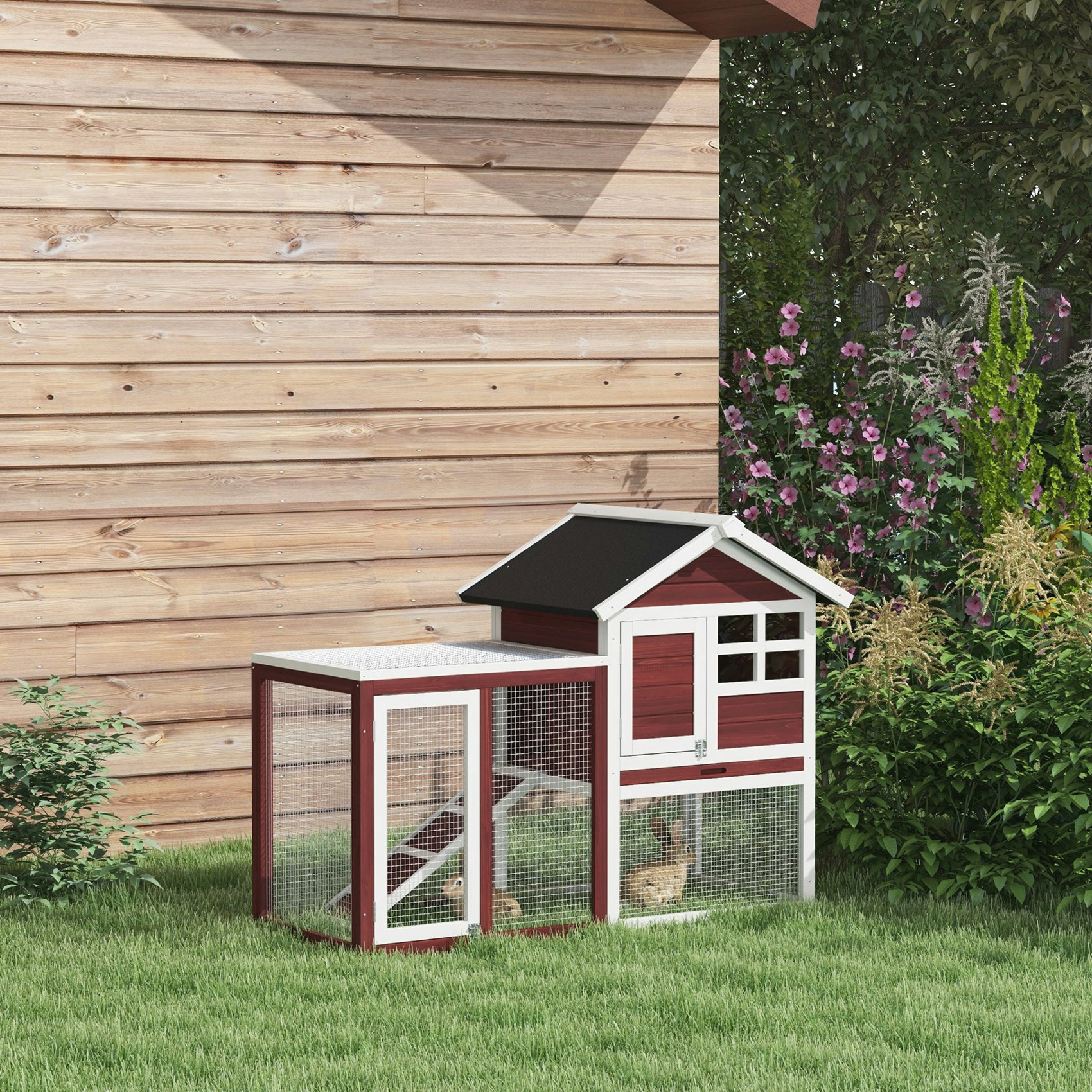 Pawhut 122Cm Wooden Rabbit Hutch Bunny Cage Pet House With Tray Ladder Run