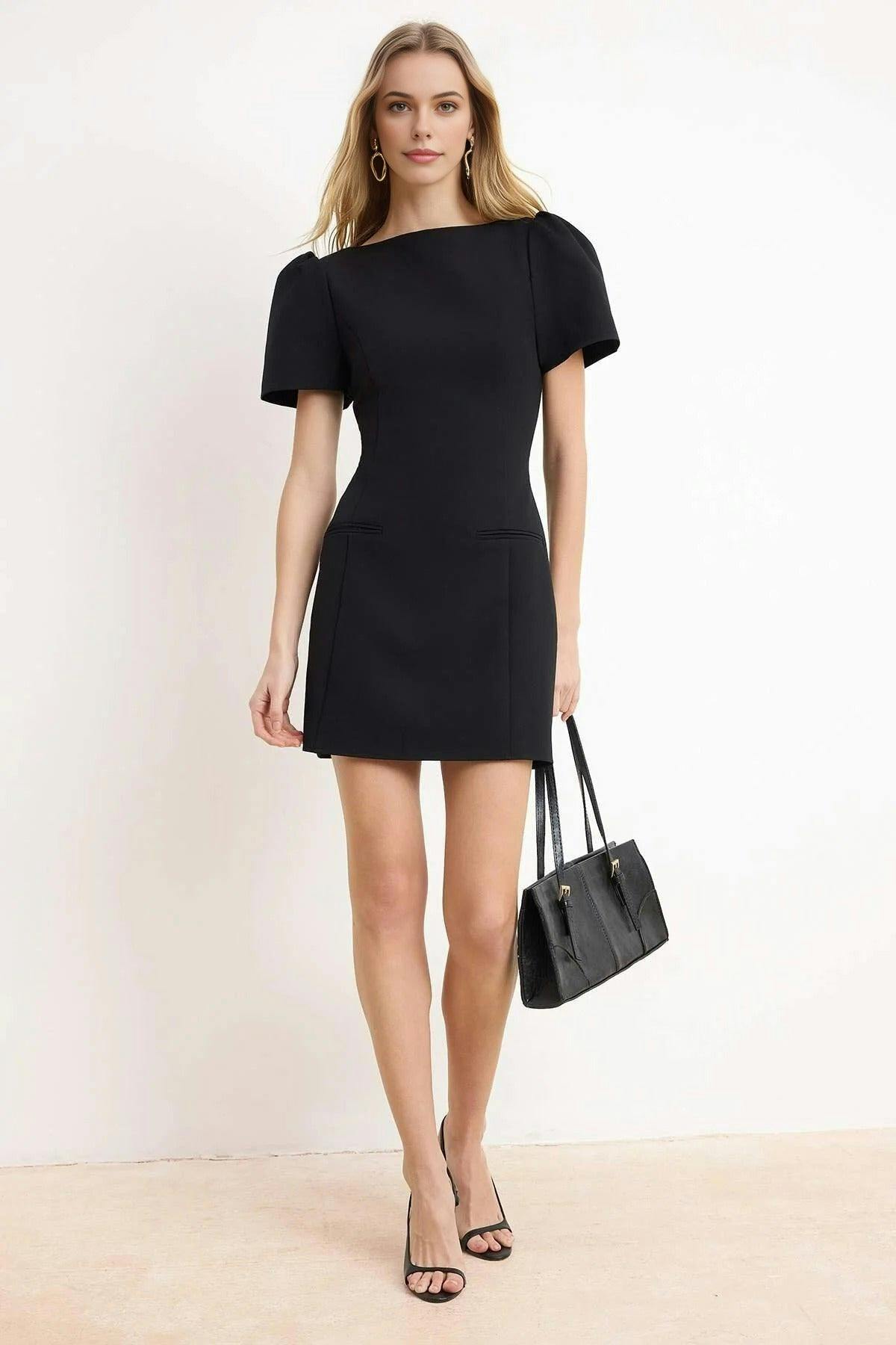 Wovcor Black Pocket Detail Balloon Sleeve Mini Dress - 14