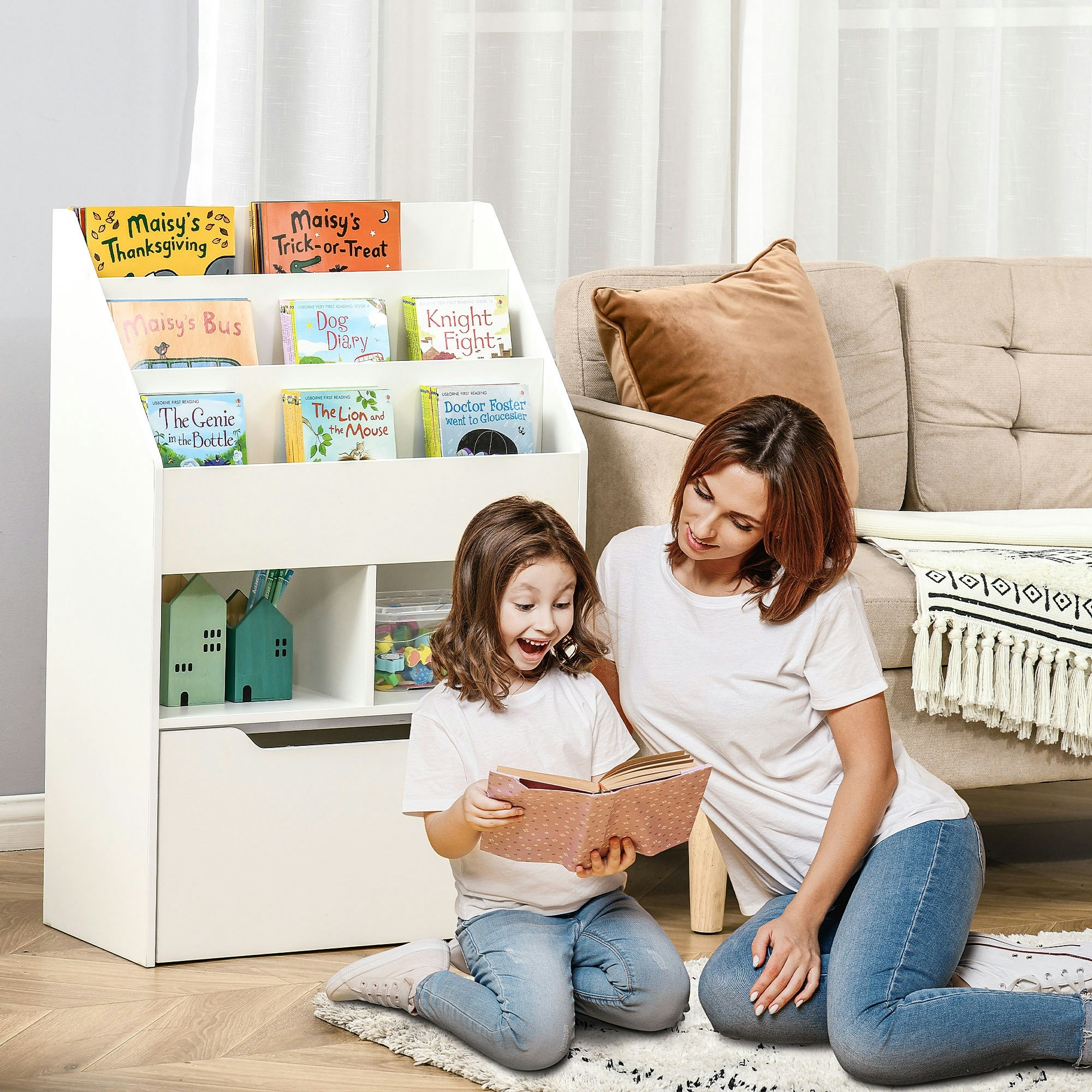 Homcom White Kids Bookcase, Toy Box W/ Storage Drawer, Wheels For Bedroom