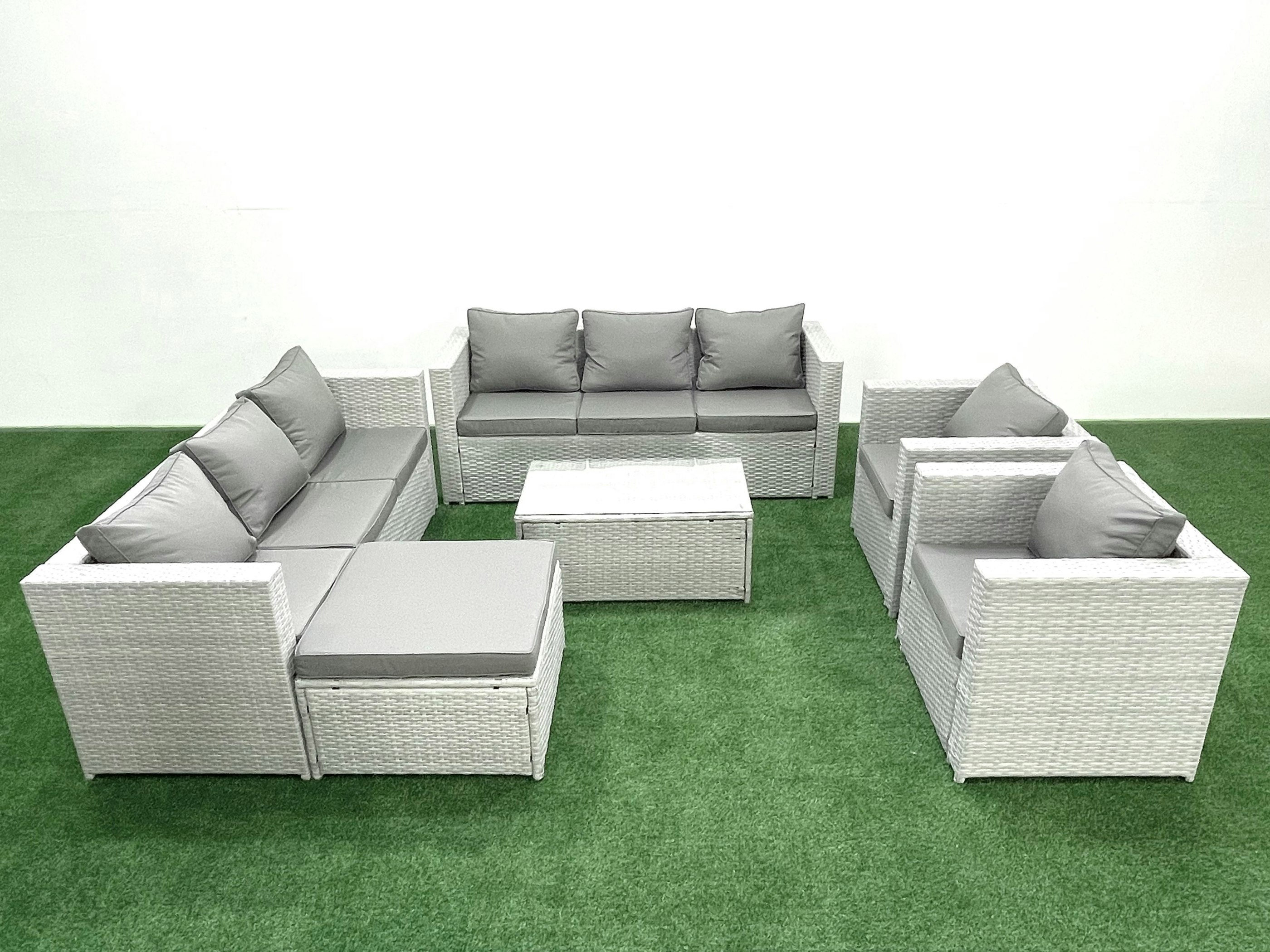 Rackhams Light/Grey Outdoor Rattan Sofa Garden Furniture Set With 2 Armchairs Oblong Coffee Table Big Footstool Mixed