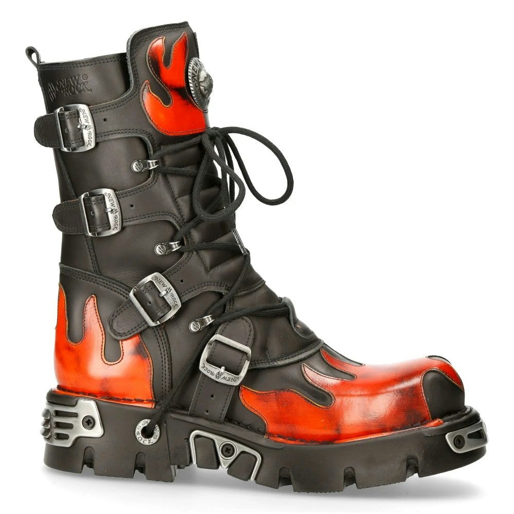 New Rock Red/Black M591-S1 Newrock Flame Metallic Leather Boot Biker Goth Boots - Eu 42