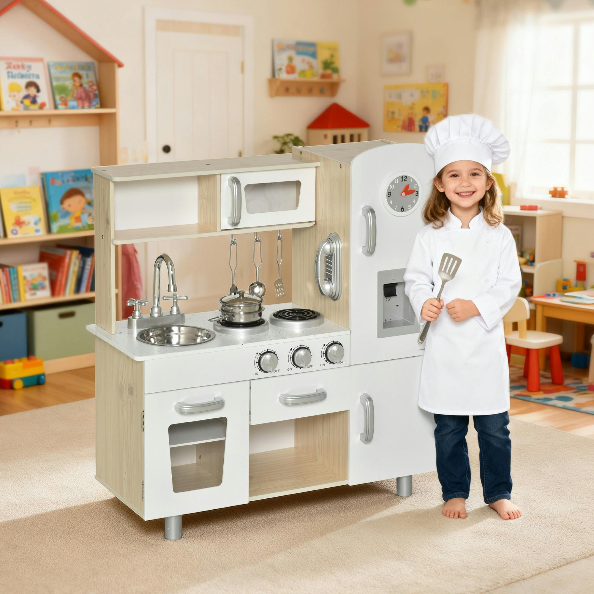 Homcom White Luxury Kitchen Playset With Accessories Pretend Cooking Set
