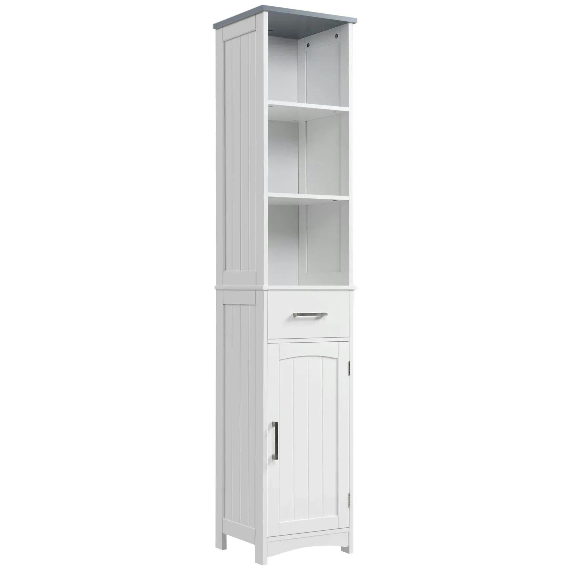 Bobobiy White Tall Bathroom Storage Cabinet With 3 Tier Shelf, Cupboard, Drawer, Door, Freestanding Linen Tower, Slim Side Organizer,