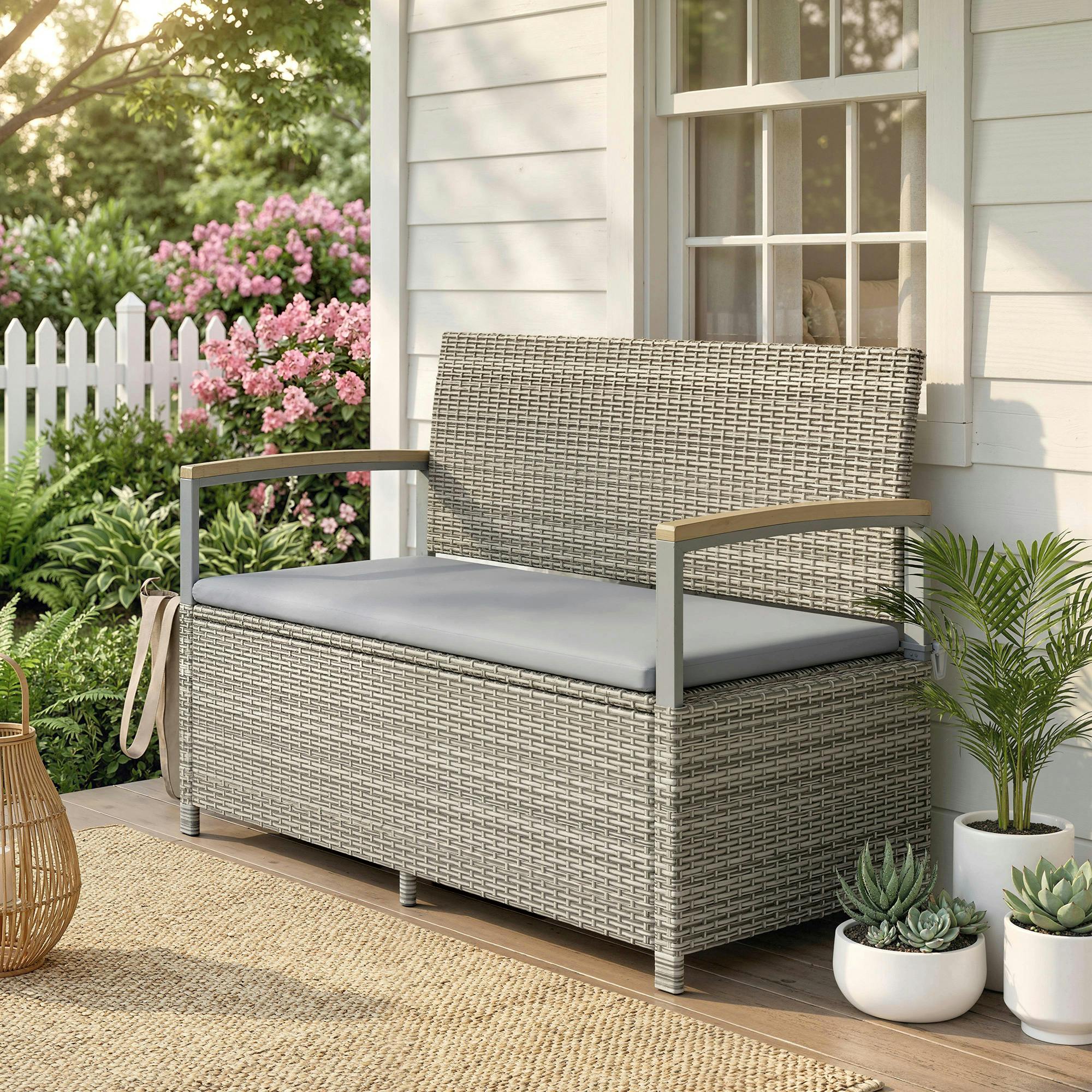 Rackhams Light/Grey 170 L Rattan Garden Storage Bench With Cushion, - 120 X 60 X 84 Cm - Rattan Storage Bench
