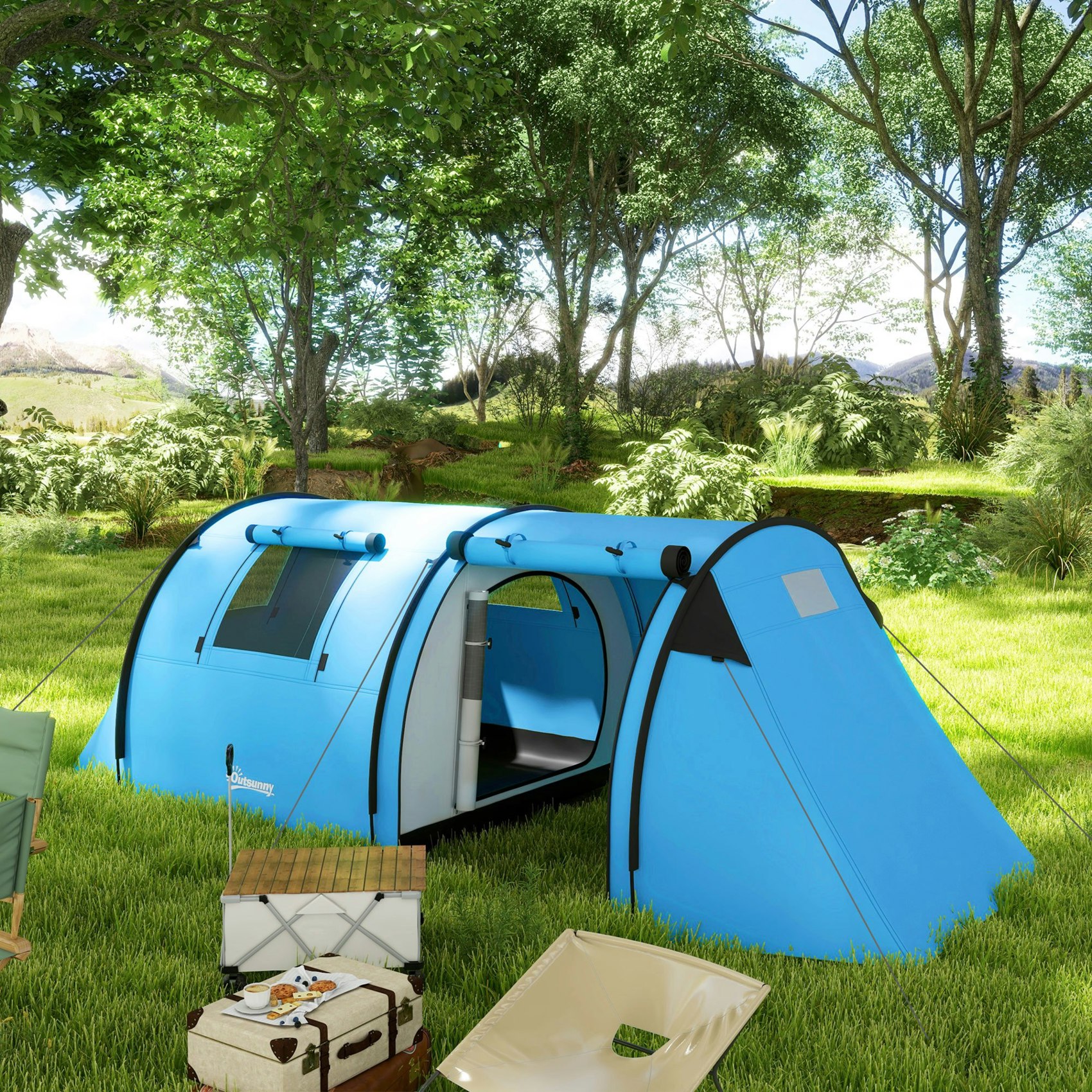 Outsunny Sky Blue 2 Room Camping Family Tent For 3-4 Man, 3000Mm Waterproof,