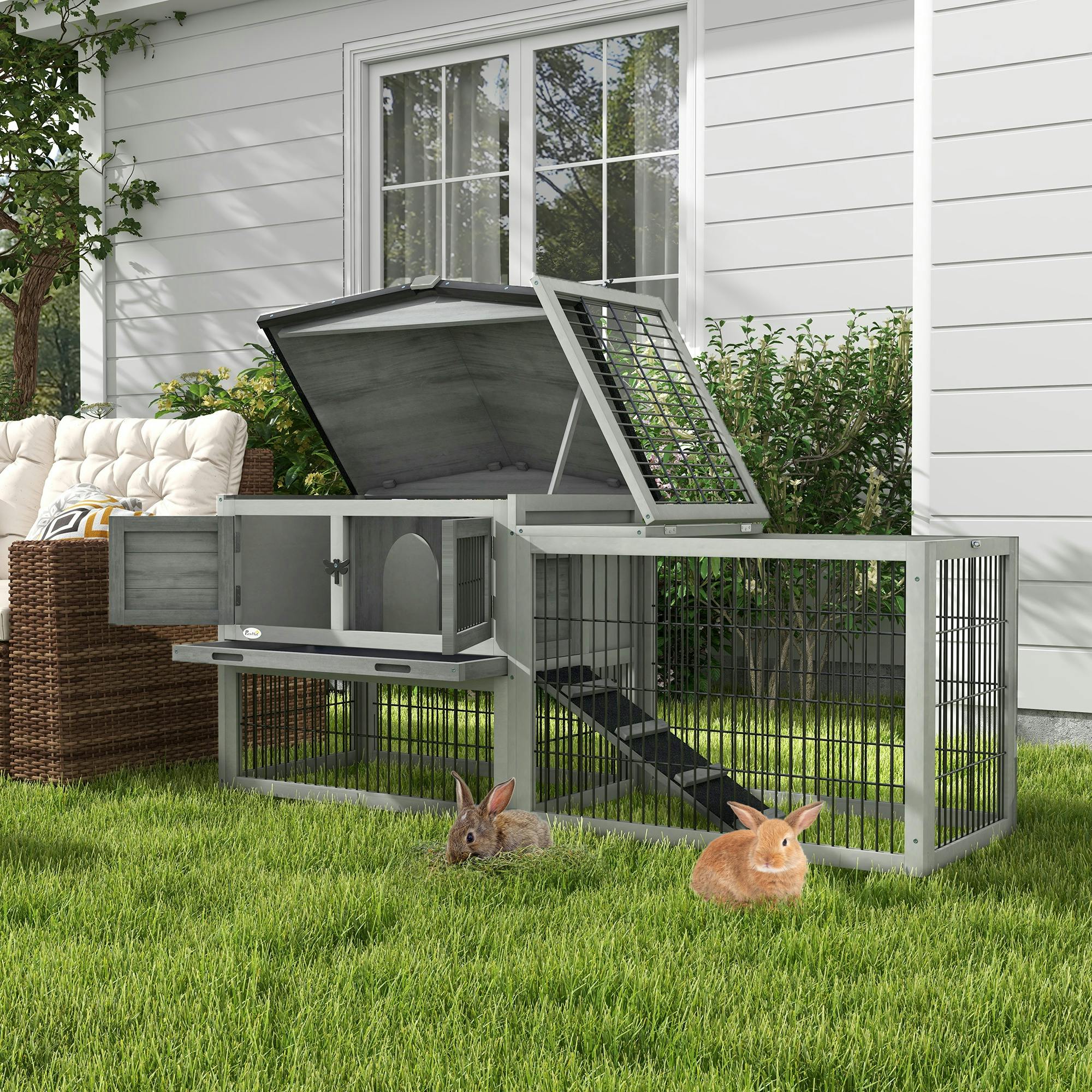 Pawhut Rabbit Hutch, Wooden Guinea Pig Hutch With Run & Tray, Grey - Image 4