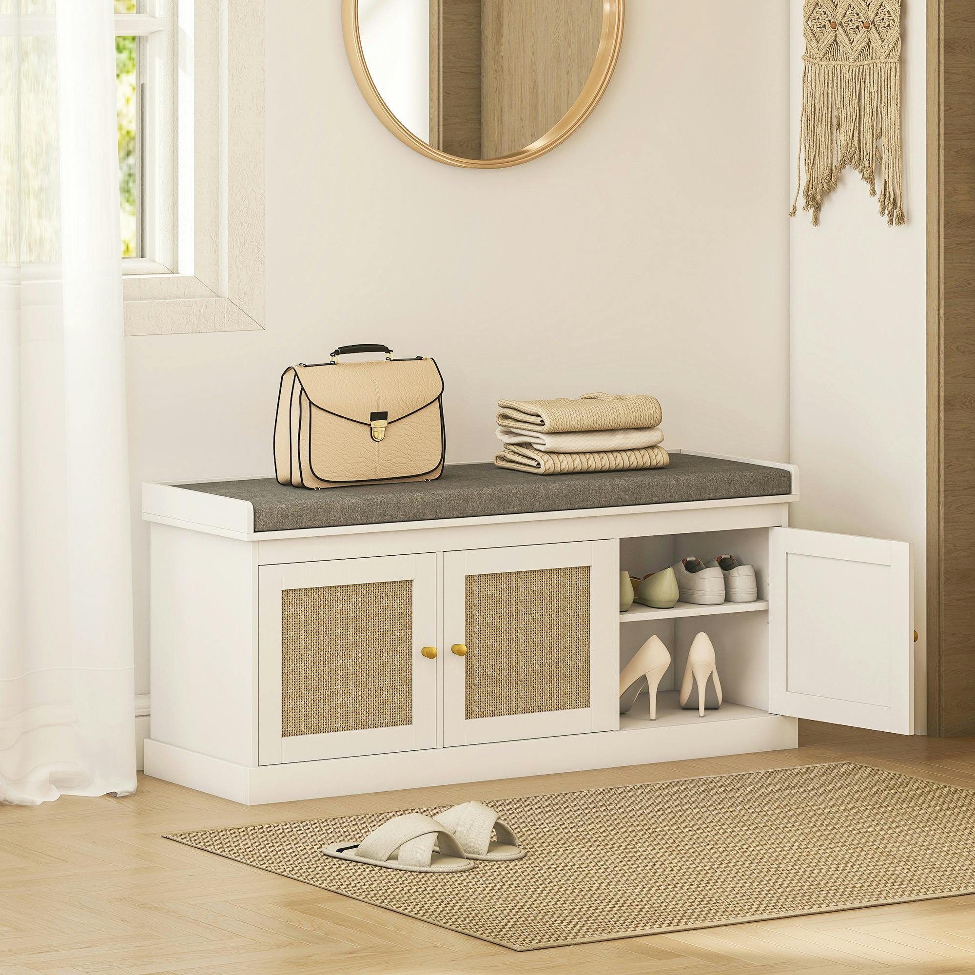 Rackhams White Shoe Storage Bench With 3 Rattan Doors, Padded Cushion, Entryway Shoe Bench - Mdf, Polyester - 1