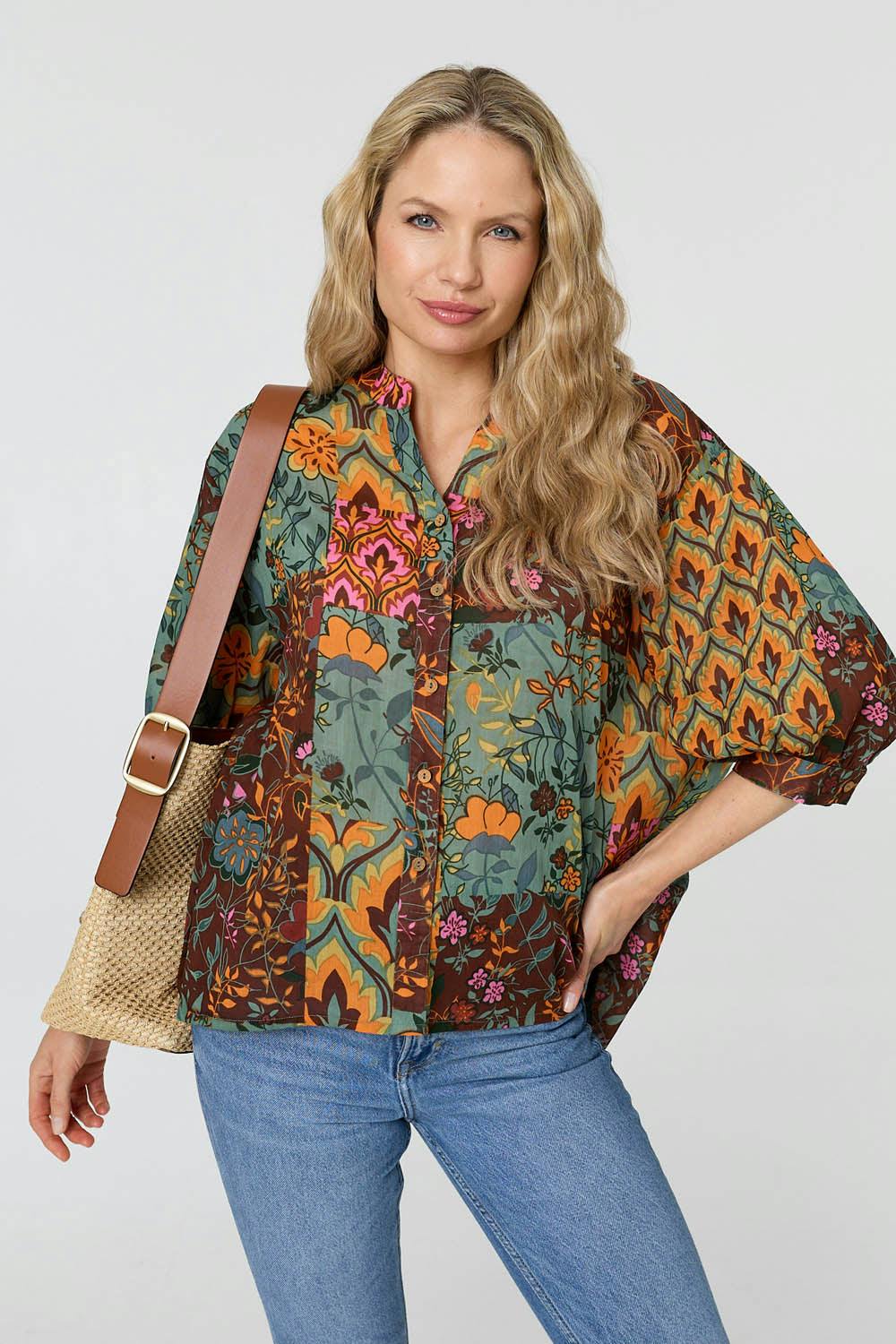 Izabel London Patchwork 3/4 Sleeve Curve Hem Blouse - 10 - Sage