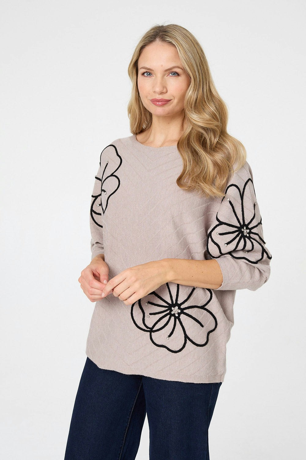 Izabel London Beige Floral Sparkle Batwing Sleeve Jumper - 12