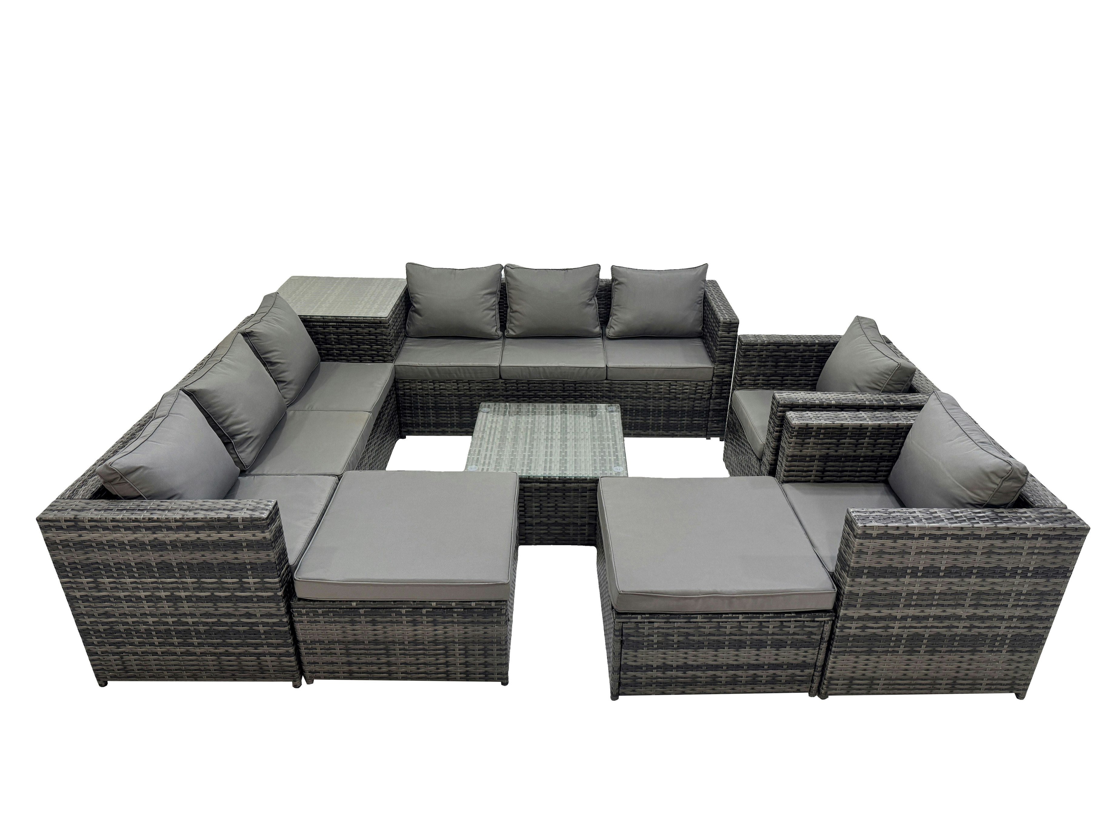 Fimous Dark/Grey 10 Seater Garden Outdoor Rattan Furniture Set Patio Corner Sofa Coffee Table With Side Table 2 Big Stool