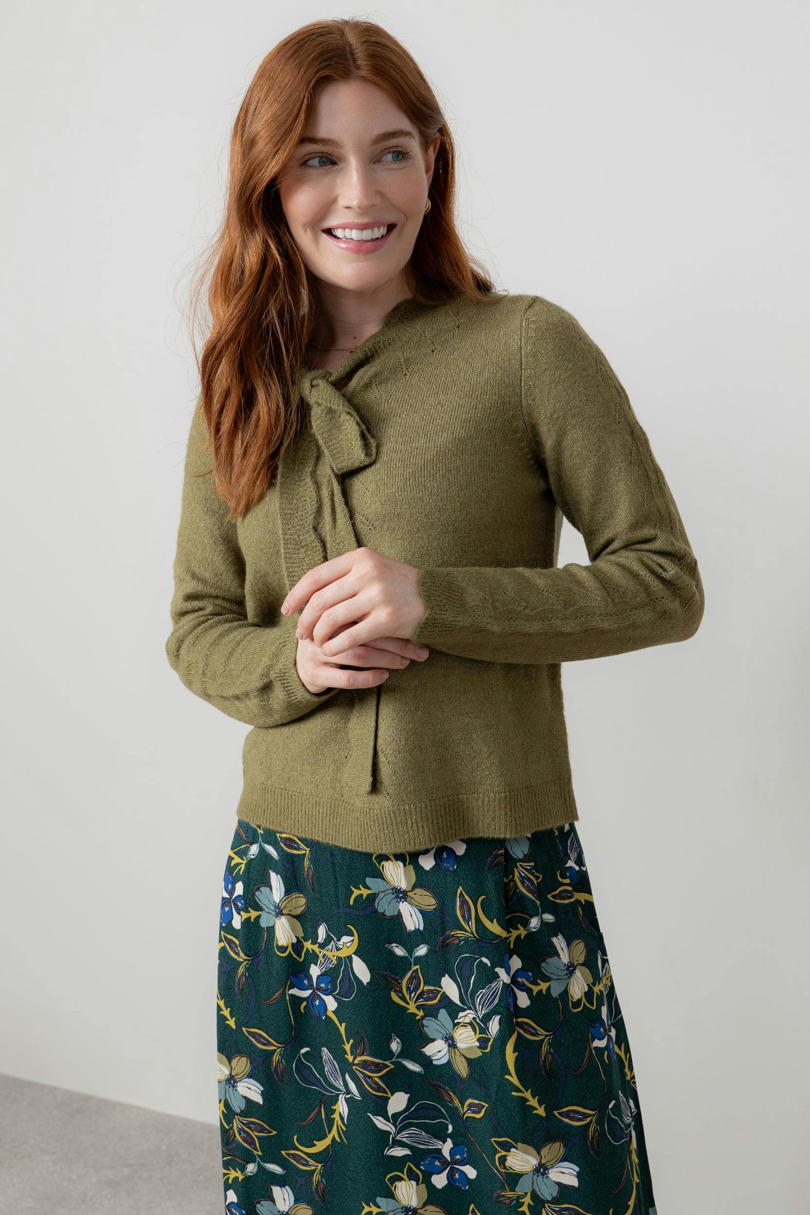 Lily & Me Elise Tie Neck Pointelle Jumper Moss - 20 - Moss