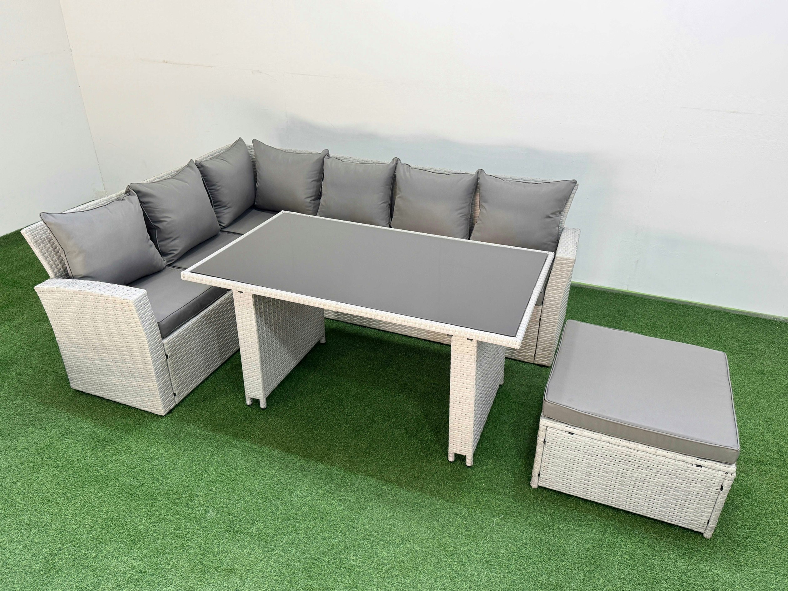 Rackhams Light/Grey 7 Seater Wicker Rattan Corner Sofa Sets Outdoor Garden Furniture Sets With Rectangular Dining Table Lounge Sofa Big Footstool