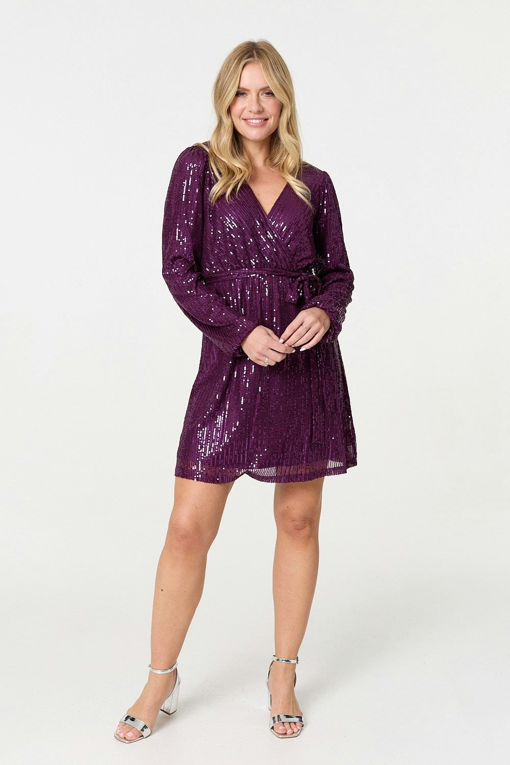 Izabel London Purple Sparkly Sequin Long Sleeve Mini Wrap Dress - 12