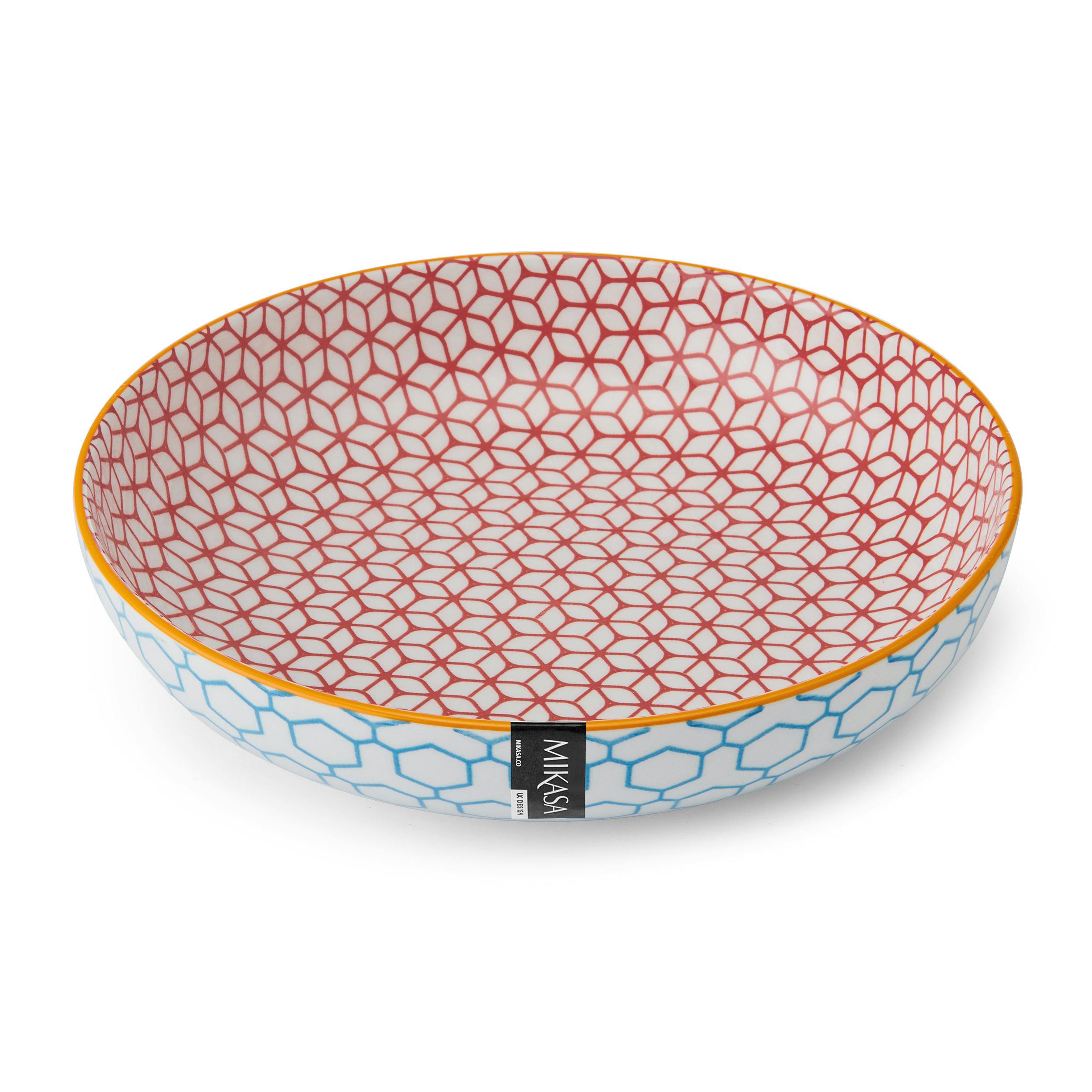 Rackhams Blue Geometric Stoneware Bowl Set, Set Of 4 Coupe Bowls For Dining, 2-Toned Multi-Purpose Shallow Serving Dishes, 900Ml, 21 X 5Cm - Stoneware - Bowls