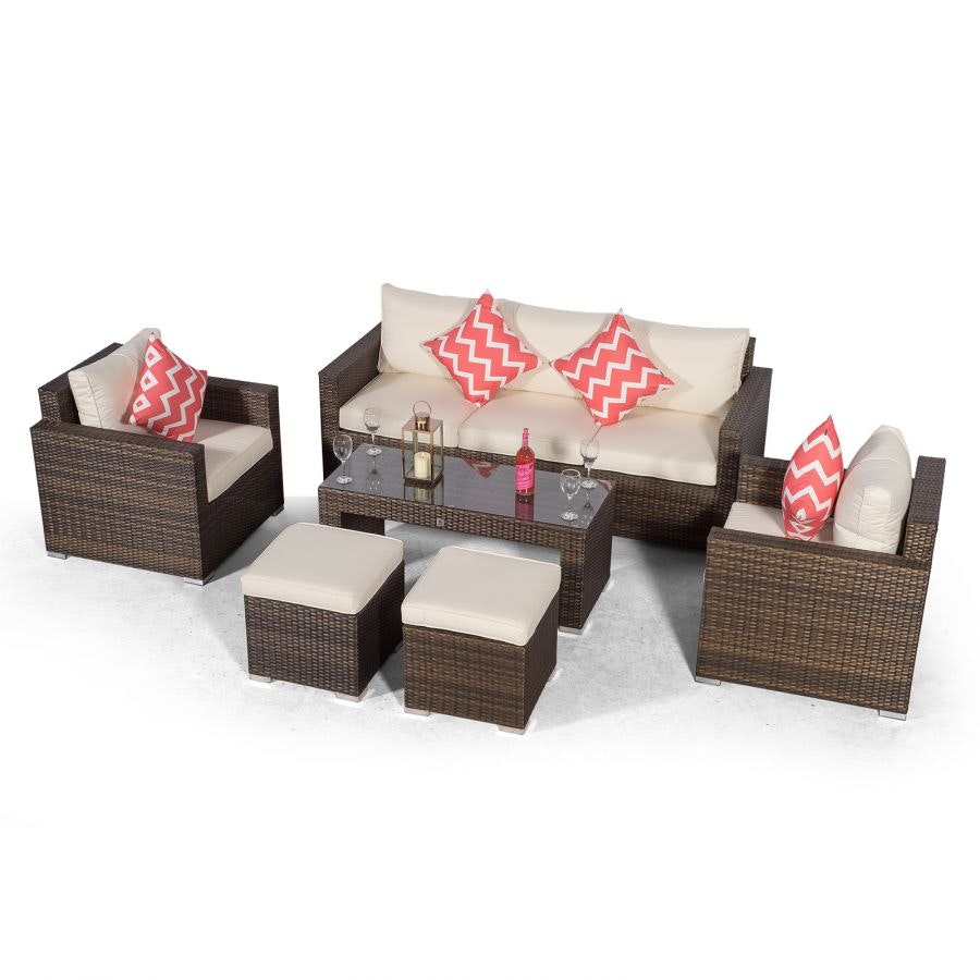Rackhams Brown Sydney Rattan 5 Seater Sofa Set With Coffee Table And 2 Stools - 1
