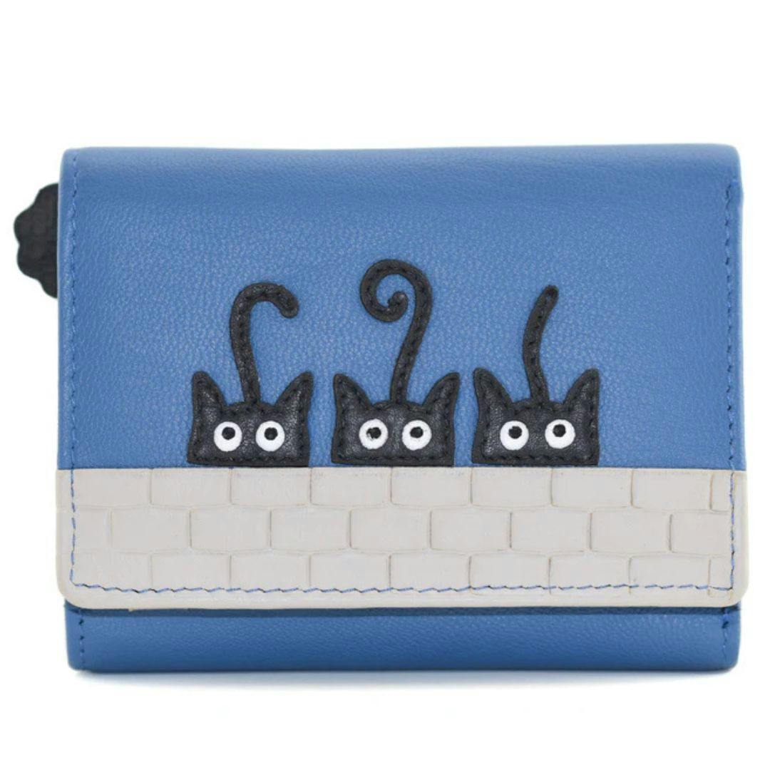 Mala Leather Black/Blue Peek-A-Boo Cats Small Leather Tri-Fold Purse