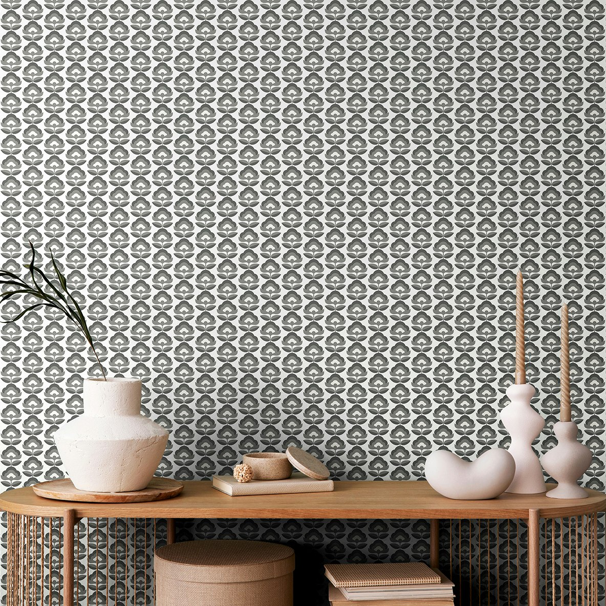 Rackhams Retro Flower - Charcoal 10M Wallpaper