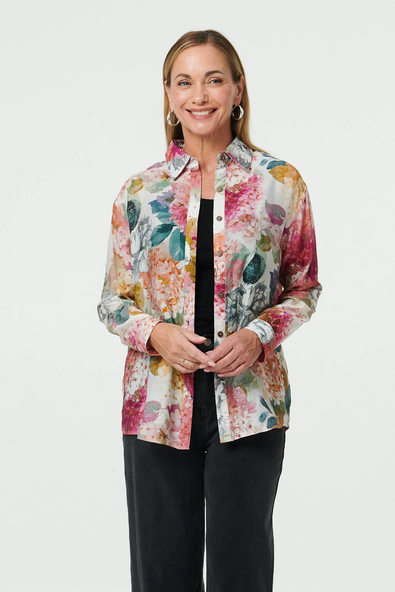 Izabel London Pink Floral Long Sleeve Relaxed Button Shirt - 12