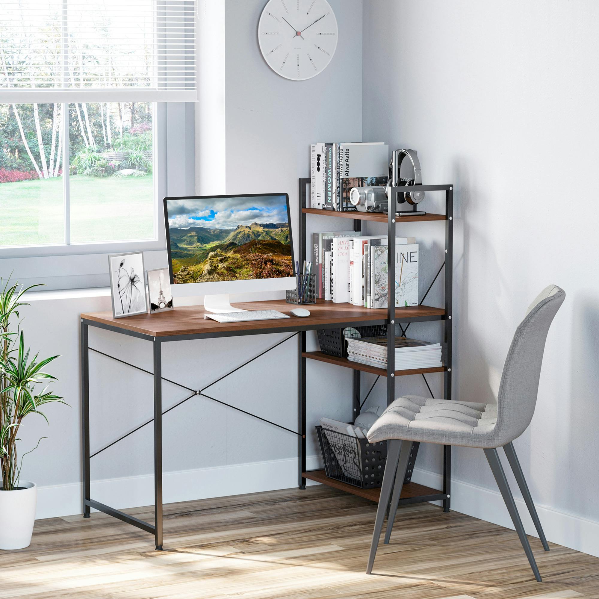 Homcom Brown Computer Desk Laptop Table W/4-Tier Bookshelf Metal Frame - Walnut