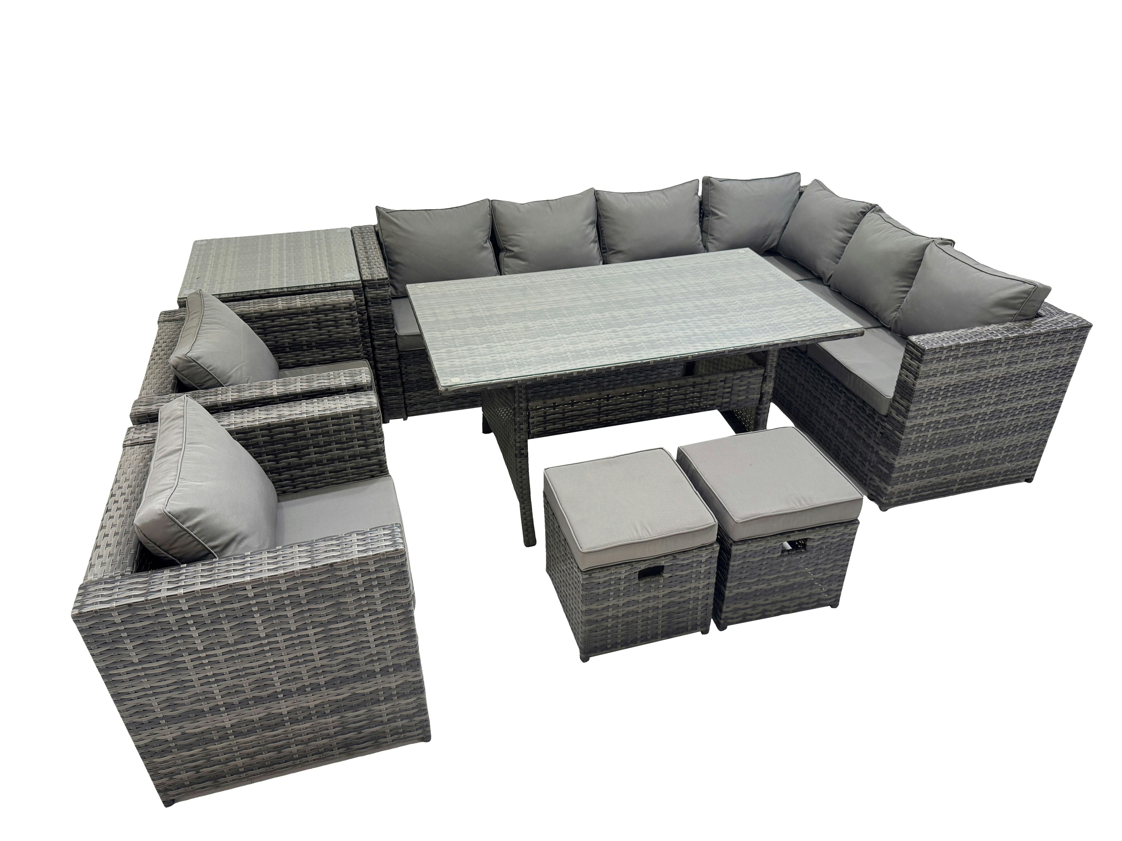 Rackhams Dark/Grey Rattan Garden Furniture Set 10 Seater Corner Sofa Set With Dining Table 2 Chairs 2 Small Stools Side Table Mixed