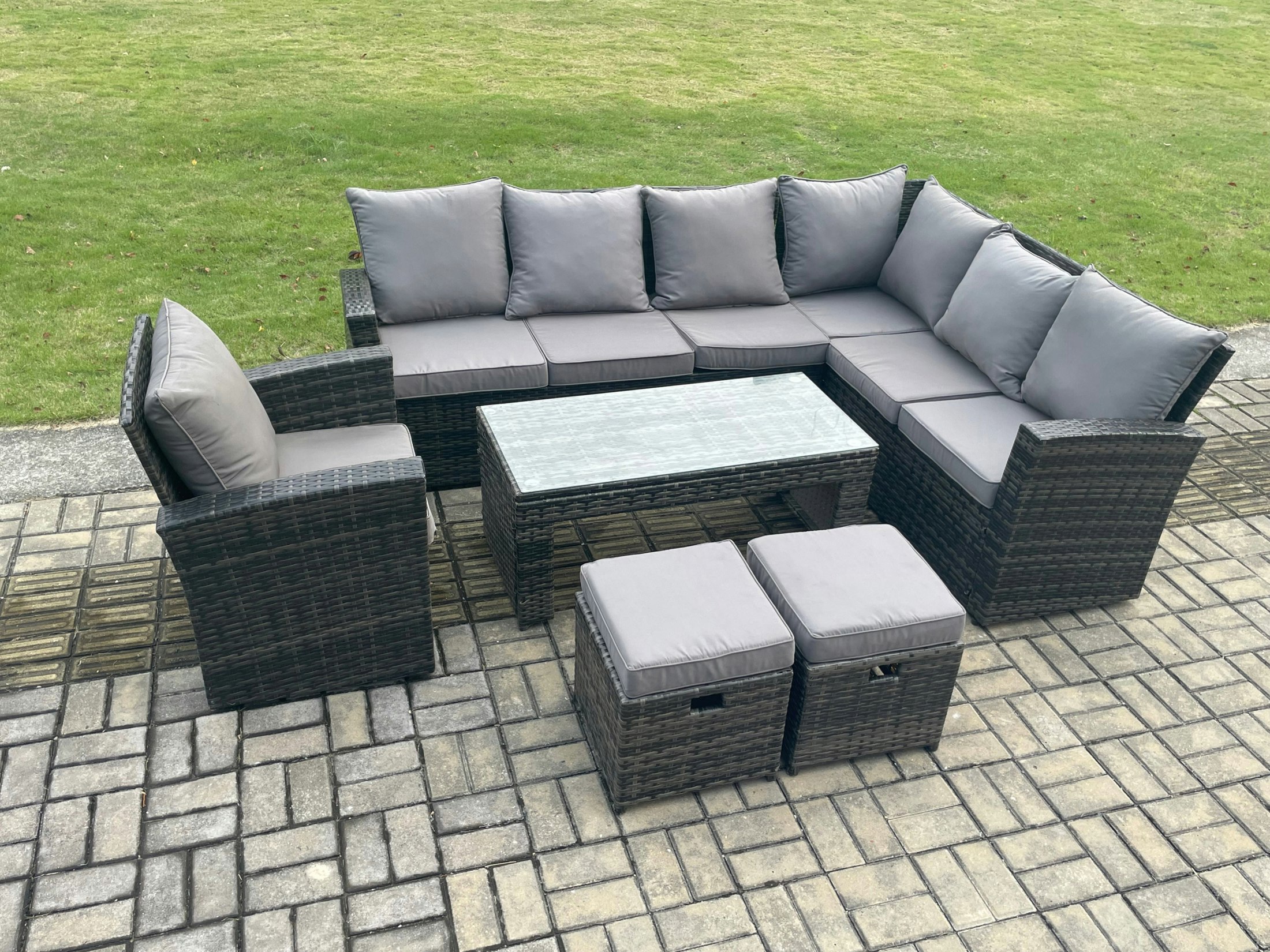 Rackhams Dark/Grey 9 Seat Rattan Garden Furniture Corner Sofa Set Outdoor Patio Sofa Table Set With 2 Small Footstools Armchair Mixed