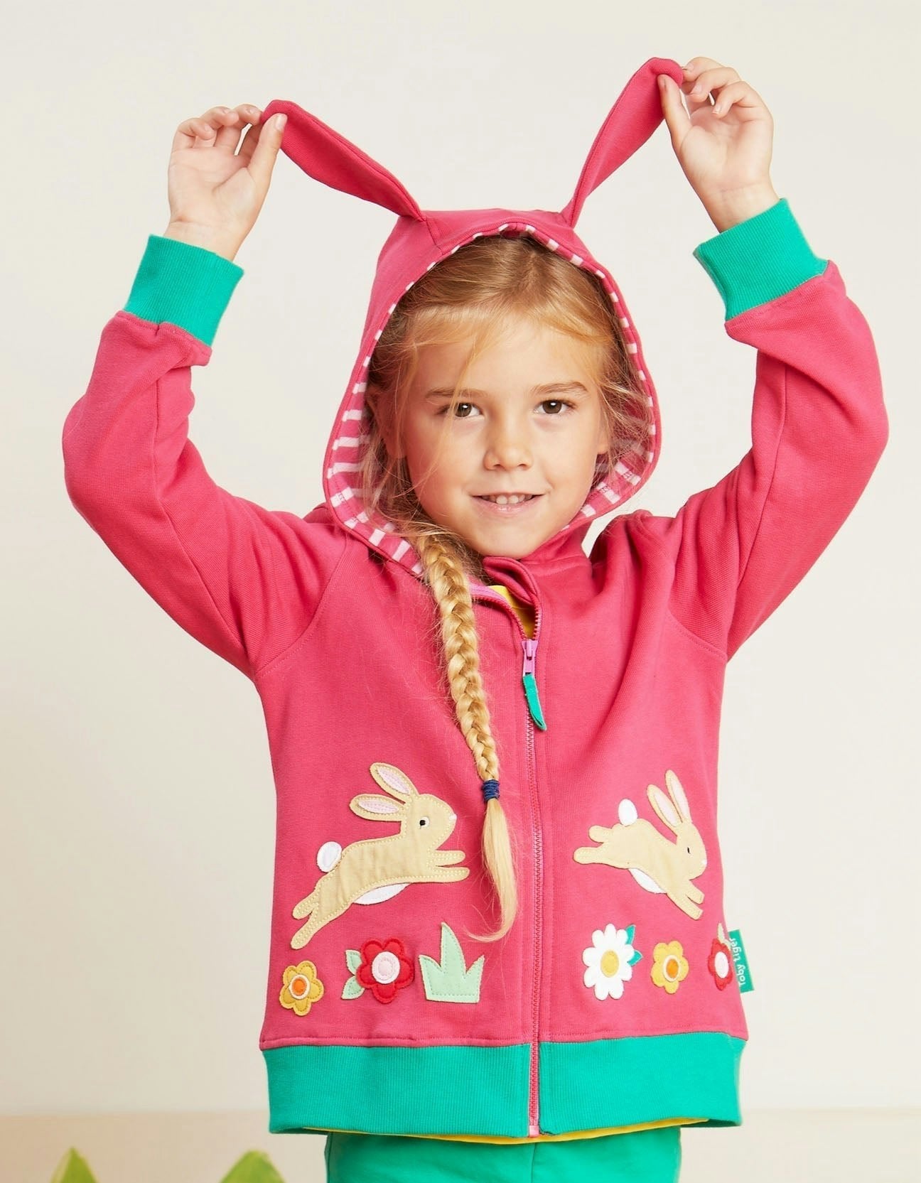 Toby Tiger Pink/Green Organic Leaping Bunny Applique Hoodie - 12-18M 86Cm