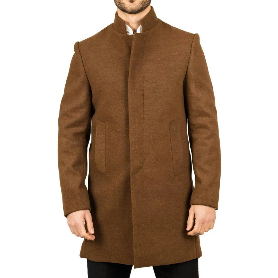 Truclothing Men's Brown Stand Collar Wool Blend Overcoat - 3XL