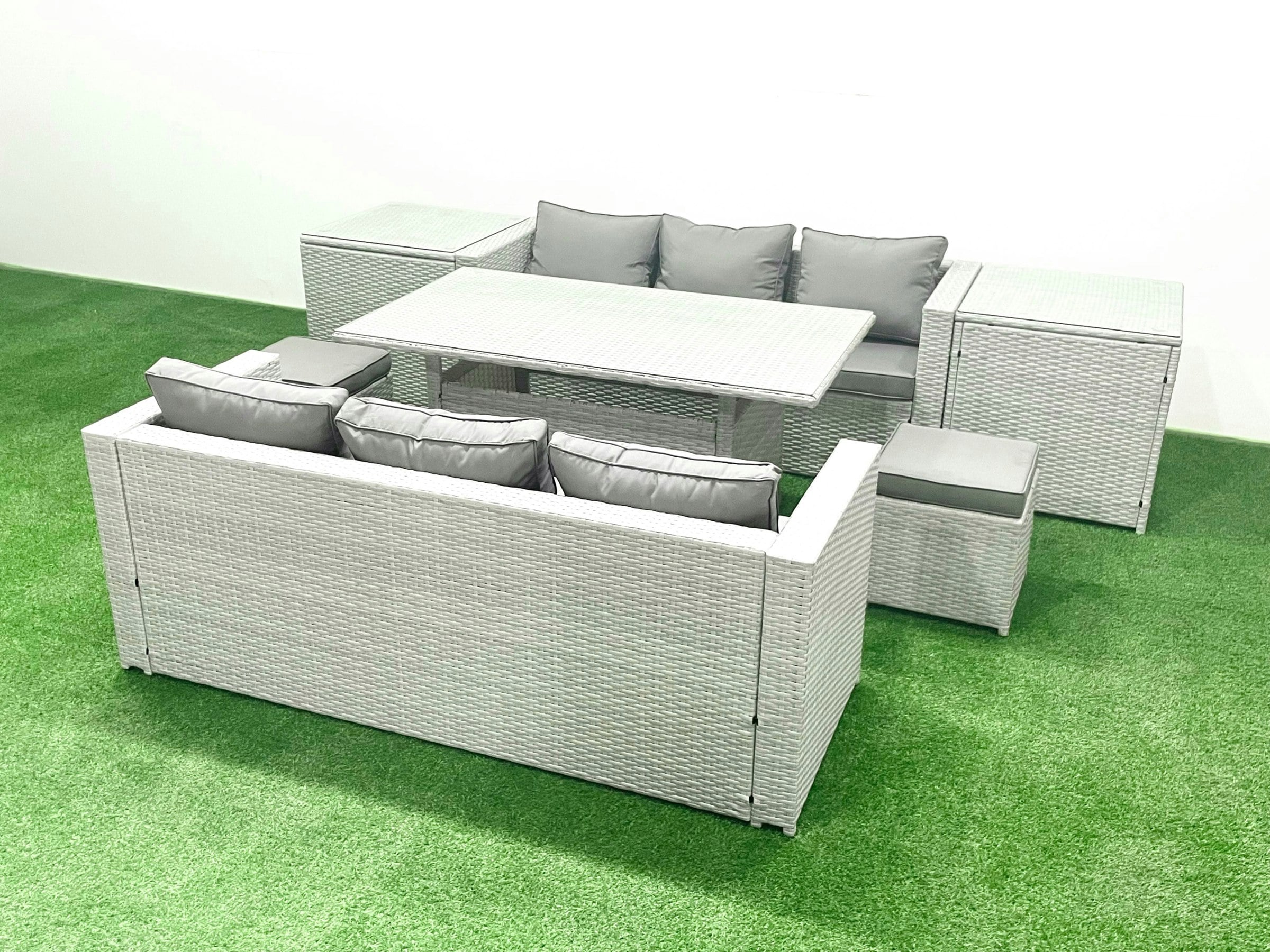 Rackhams Light/Grey Rattan Garden Furniture Set 8 Seater Outdoor Sofa Set With Dining Table 2 Side Tables 2 Small Footstools Mixed