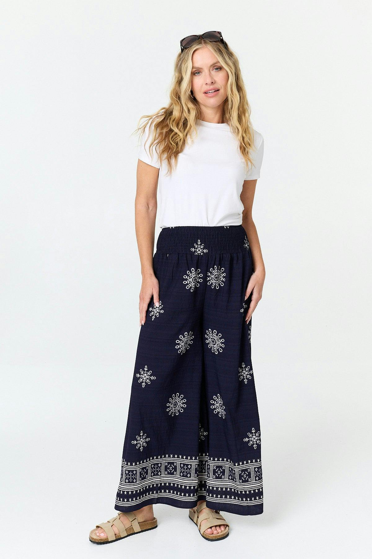 Izabel London Border Print Shirred Waist Wide Trousers - 18 - Navy