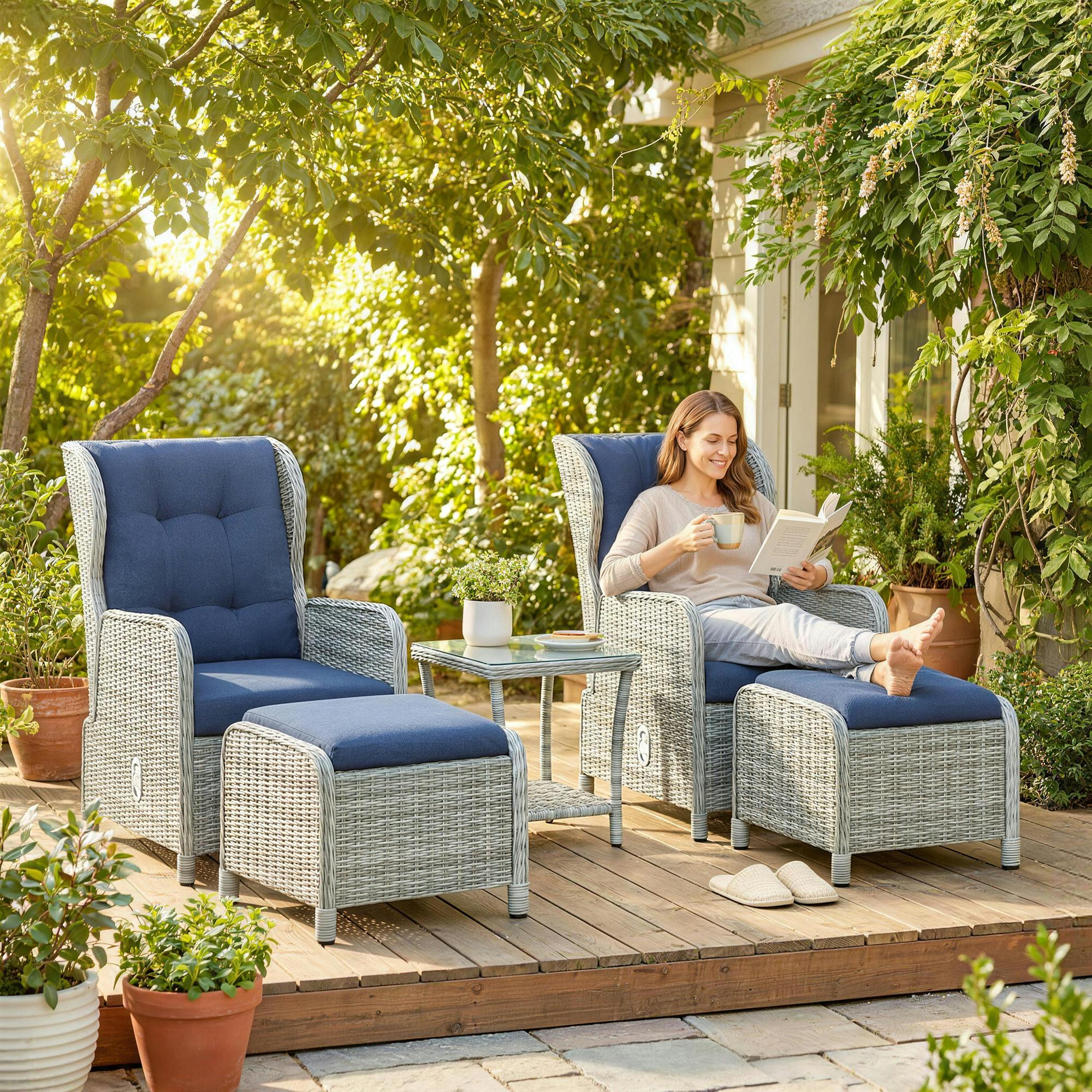 Rackhams Dark/Blue Garden Furniture Set, Rattan Reclining Garden Chair Set, - Modular Sofa - 5 - Pe Rattan, Aluminium