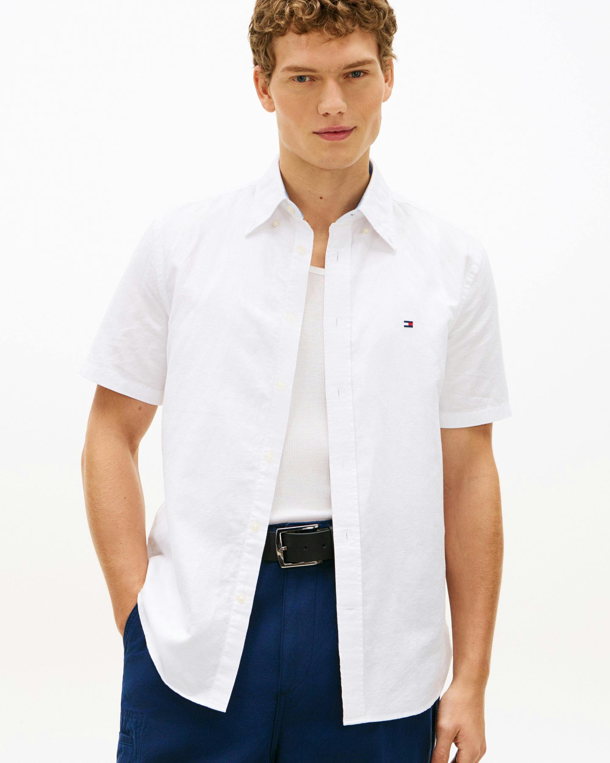 Tommy Hilfiger Men's White Linen Blend Solid Short Sleeve Shirt - M