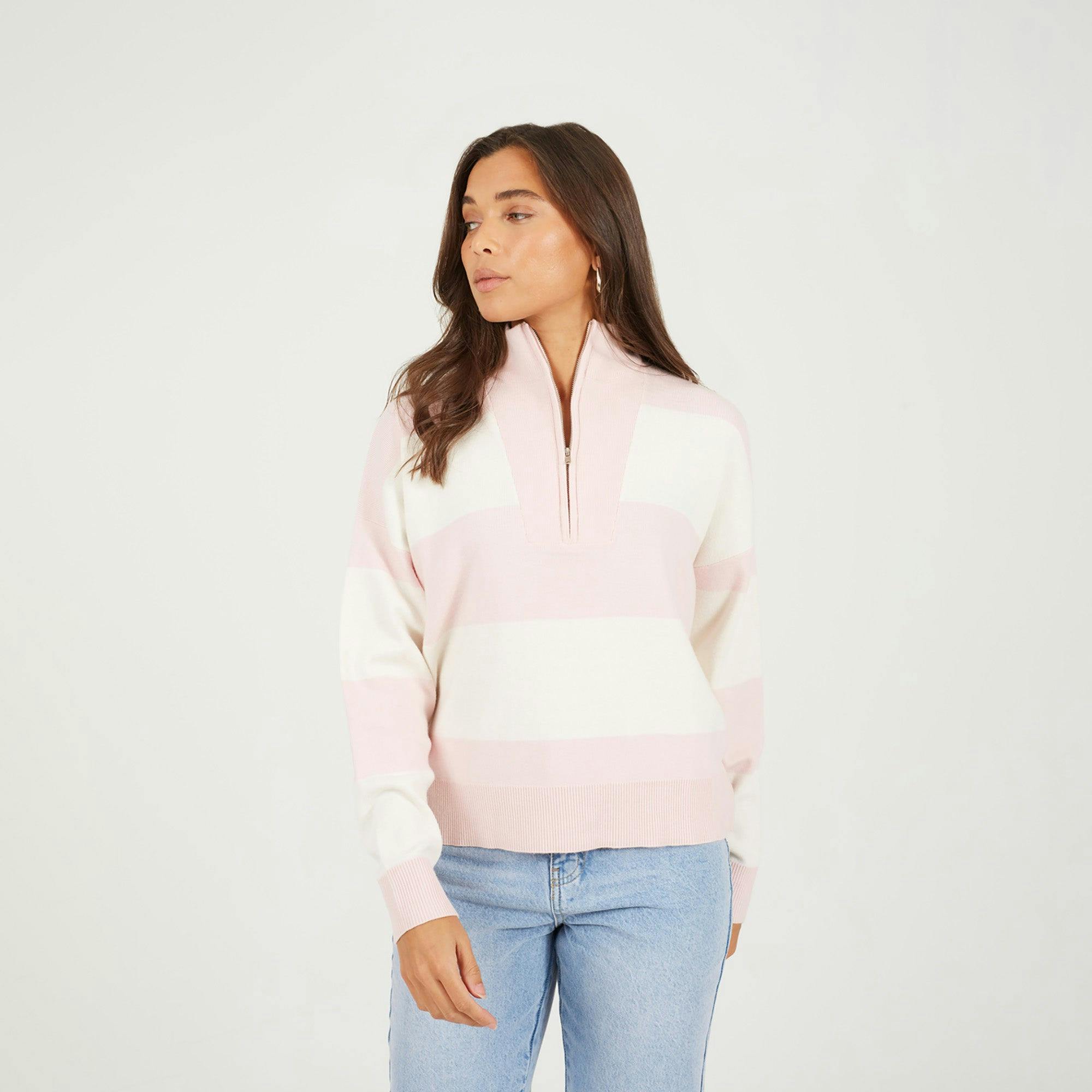 Brave Soul Pink Striped Half Zip Knitted Jumper - M