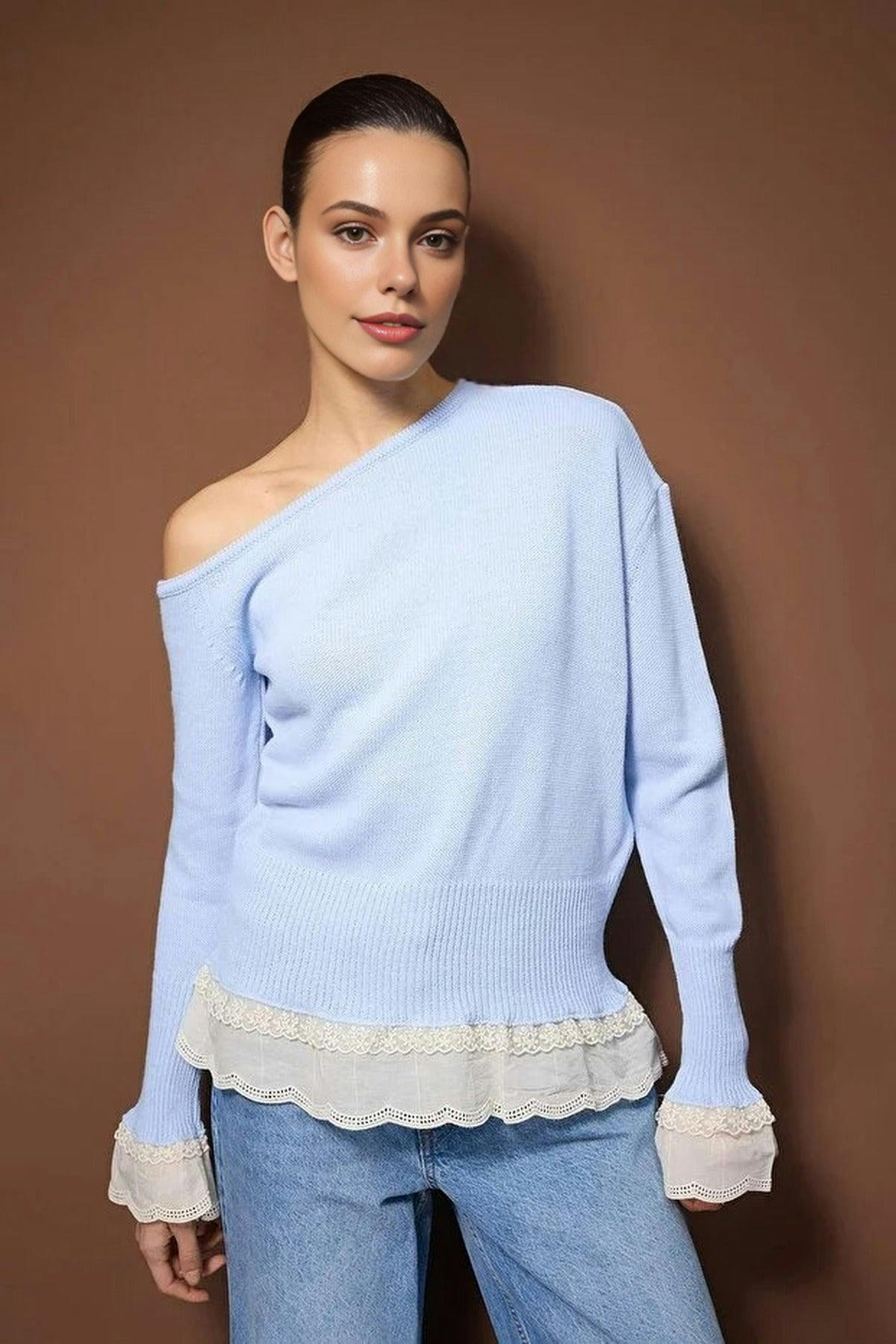 Wovcor Blue Lace Trimmed Boat Neck Knit Sweater - M