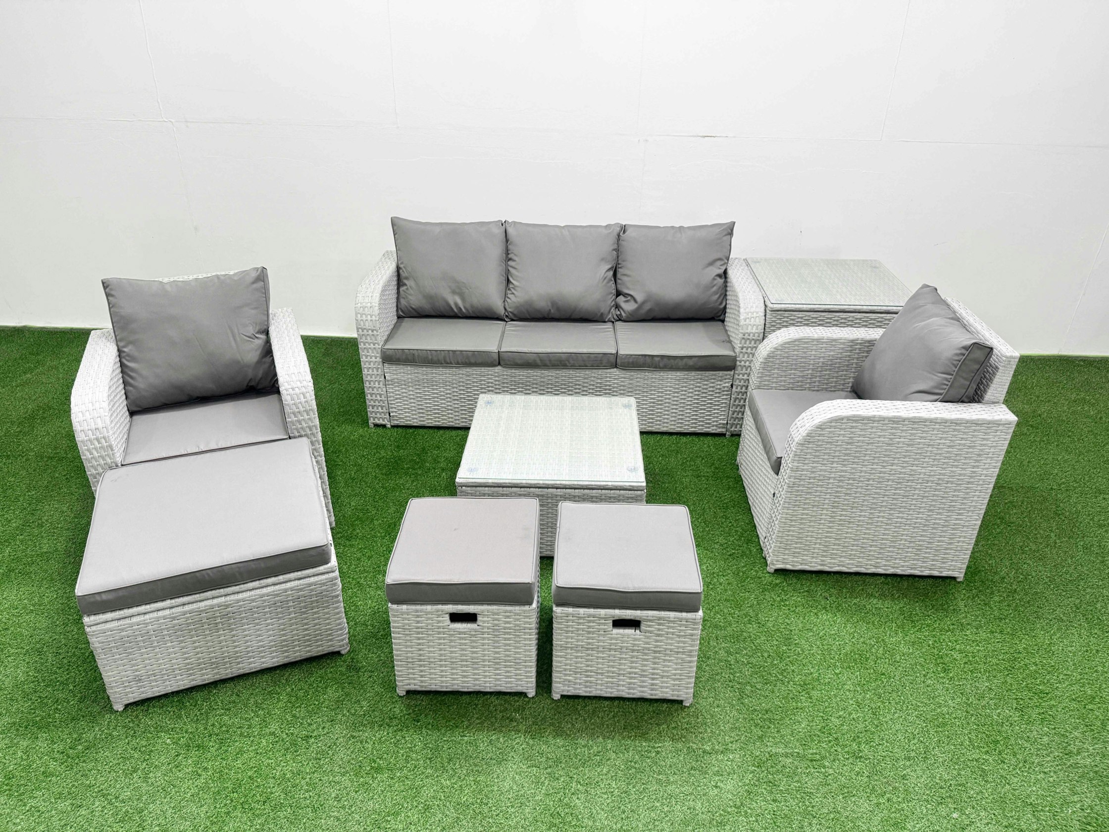 Rackhams Light/Grey Pe Rattan Garden Furniture Set Reclining Chair Sofa Lounge Sofa Set Square Coffee Table Side Table 3 Stools