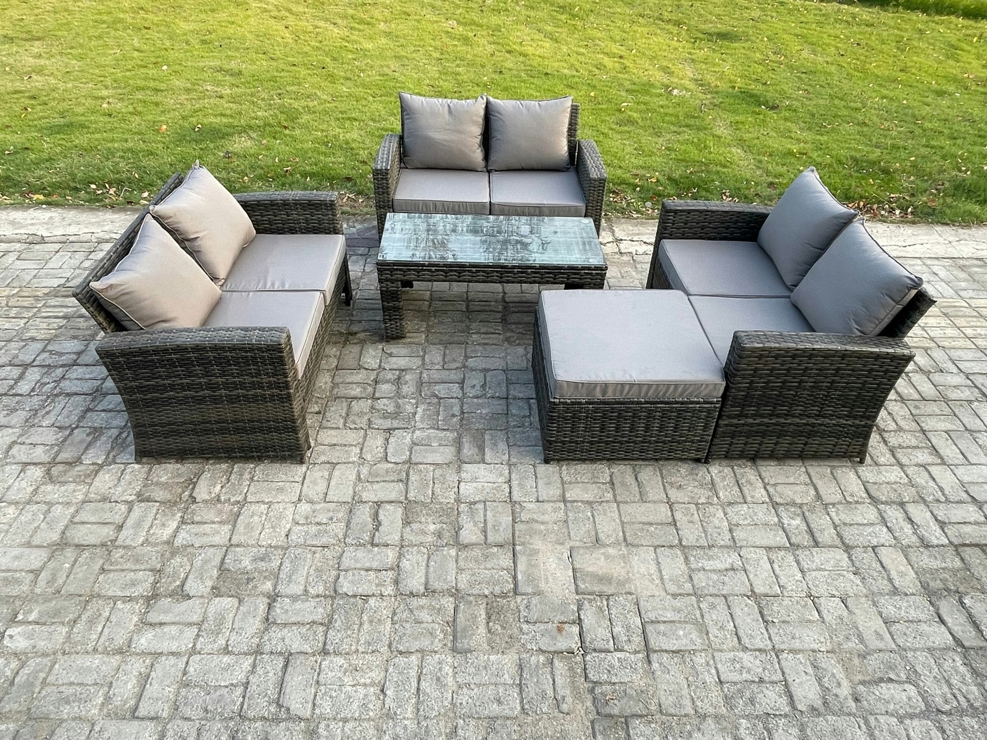 Rackhams Dark/Grey 7 Seater Rattan Wicker Garden Furniture Patio Conservatory Sofa Set With Coffee Table Double Seater Sofa Big Footstool