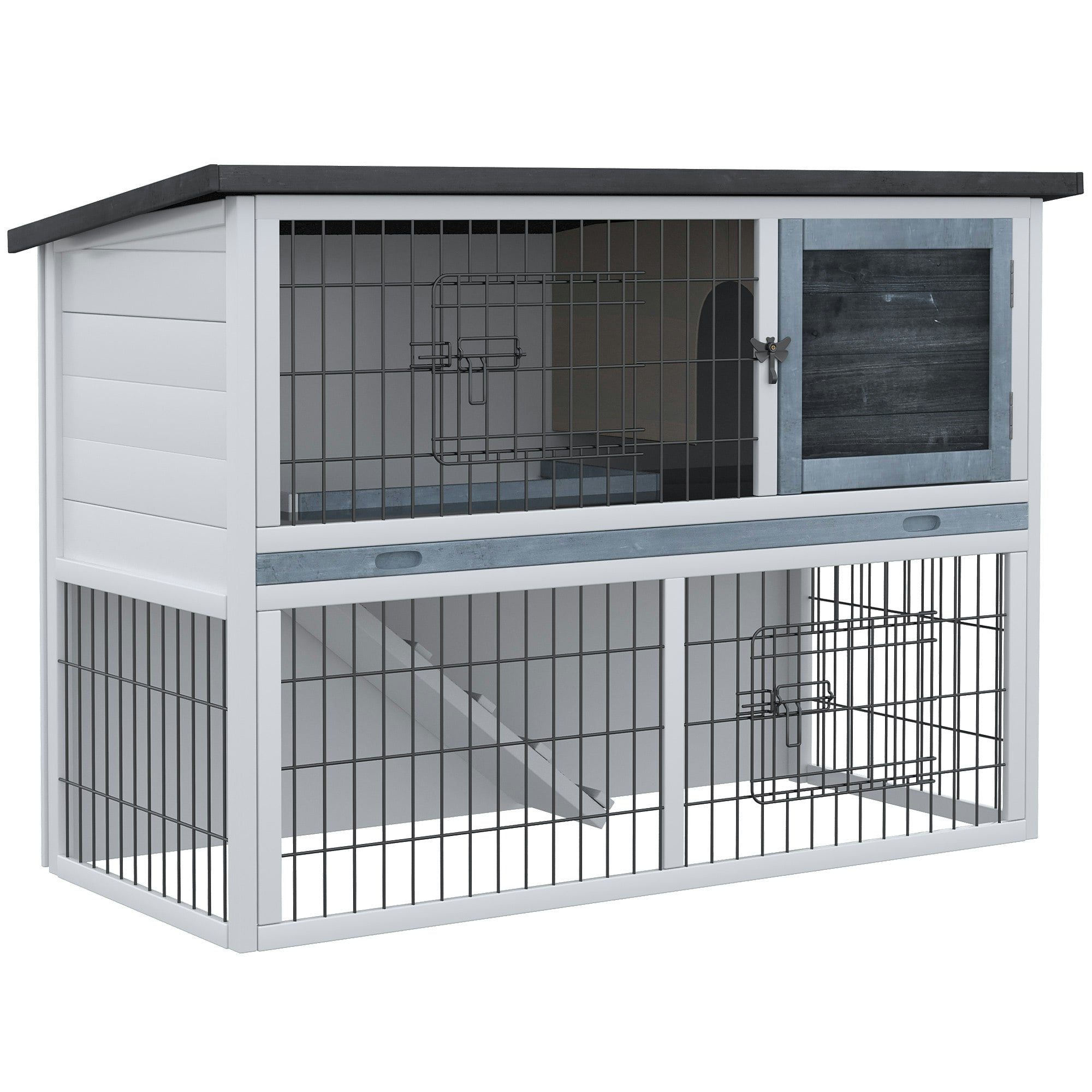 Pawhut Grey Rabbit Hutch W/ Removable Tray Openable Top For Indoors & Outdoors - Fir Wood - Size 1