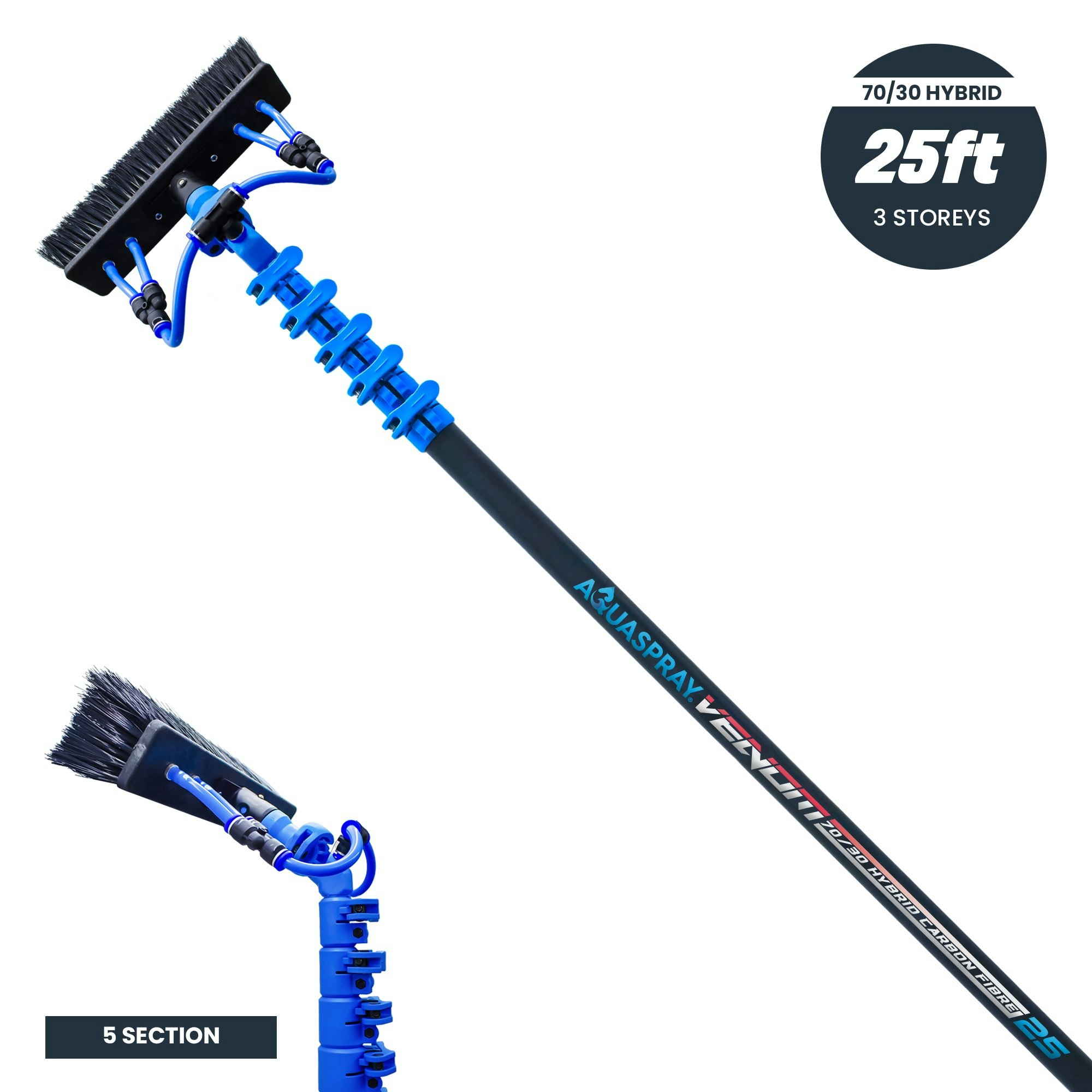 Rackhams ® Venom 25Ft Hybrid 70% Carbon, 30% Fiberglass Waterfed Window Cleaning Pole – 5 Sections