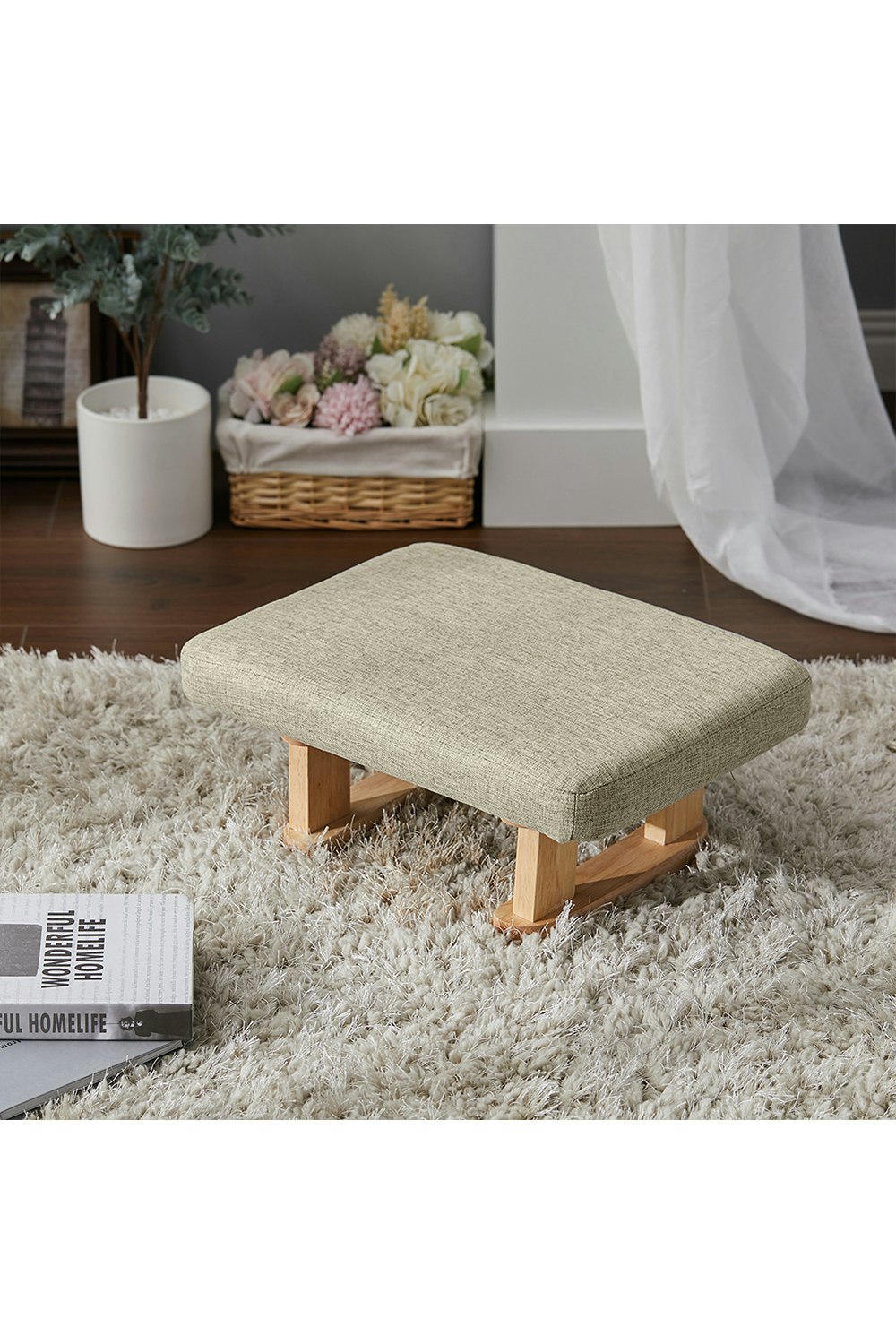 Rackhams Khaki Linen Upholstered Footstool With Wooden Legs - Khaki