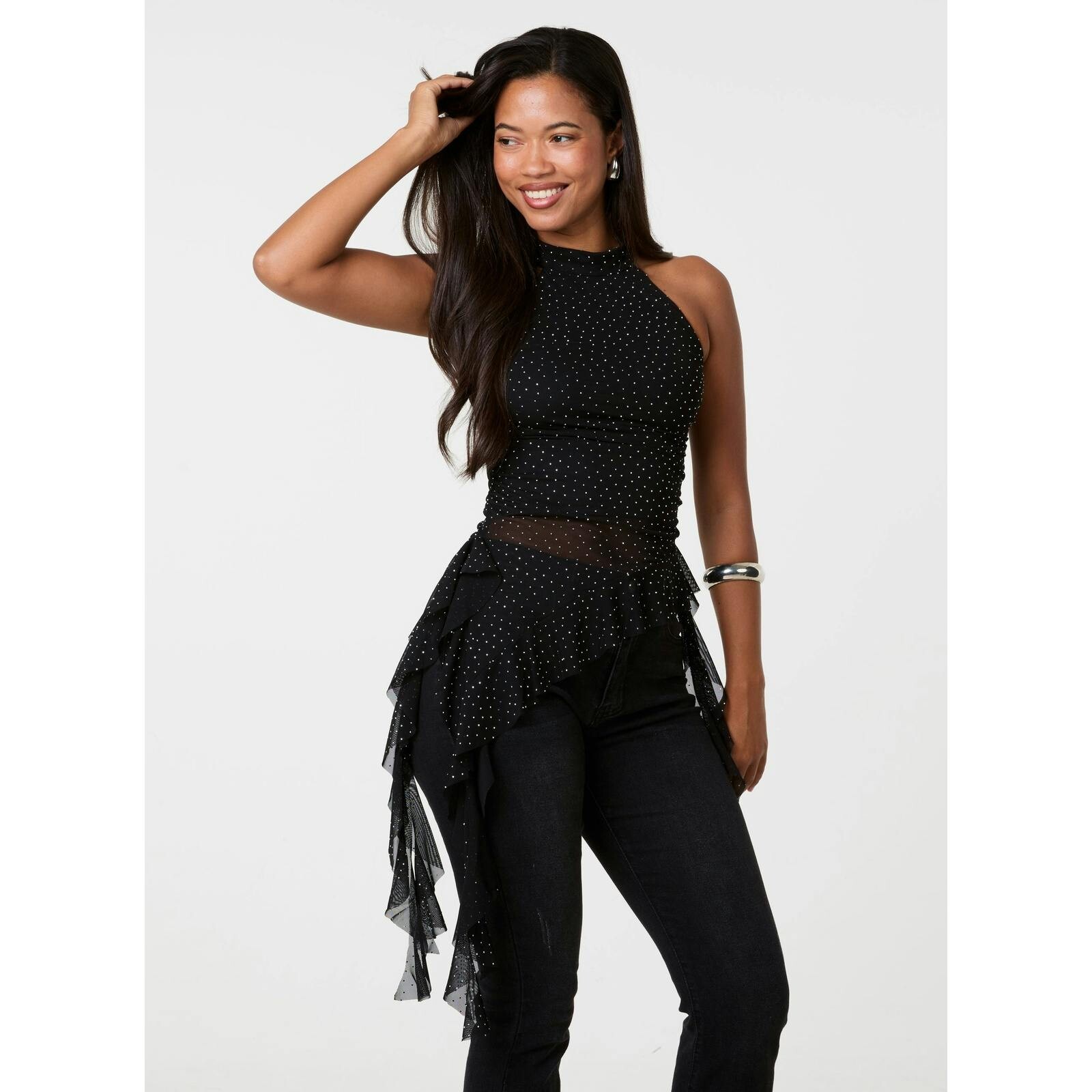 Pink Vanilla Pink/Black Vanilla Diamante High Neck Frill Top - M