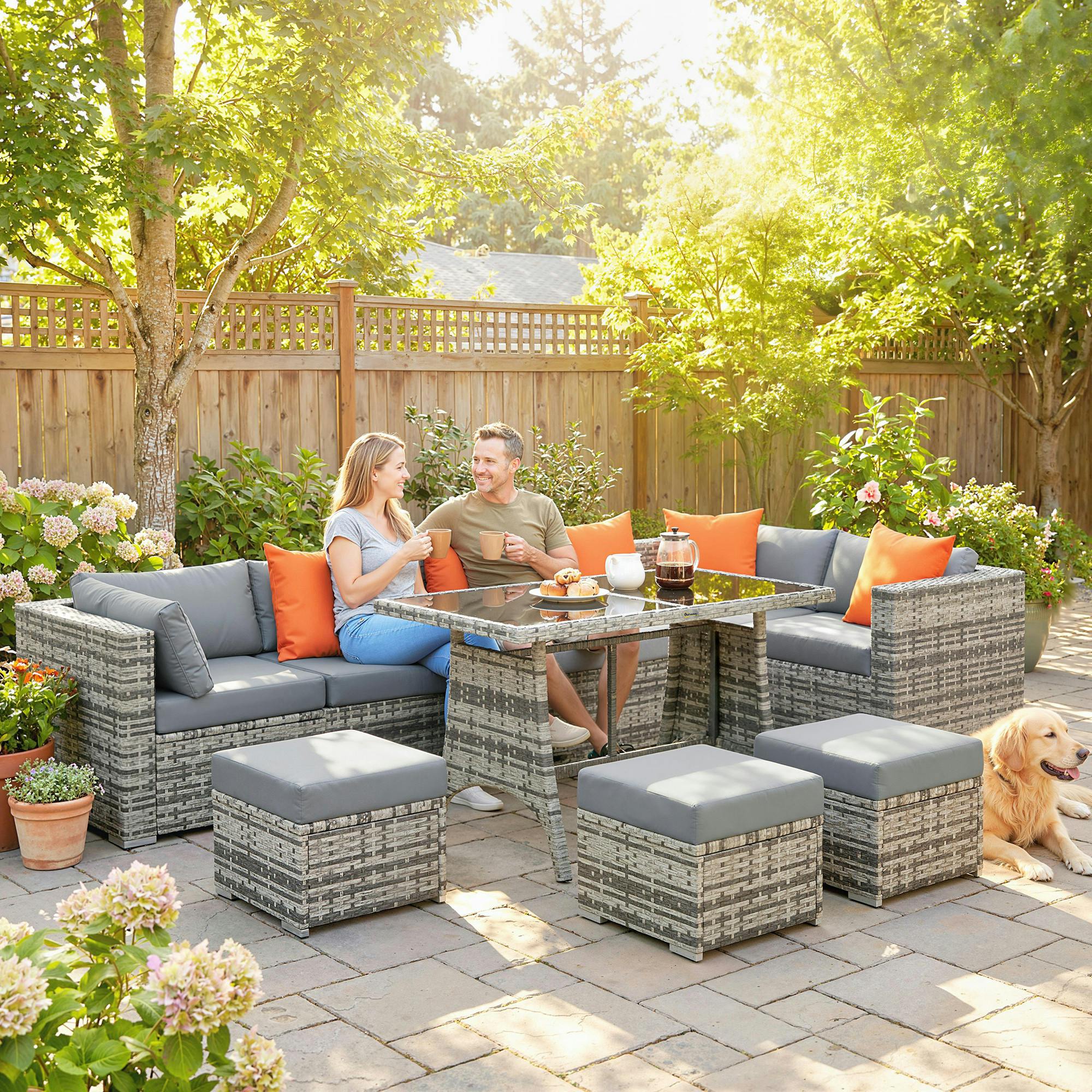 Rackhams 10 Piece Rattan Garden Furniture Set, Outdoor Patio Furniture - Rattan Sofa Set - 10 Pieces - Pe Rattan, Metal, Tempered Glass, Polyester, Cotton