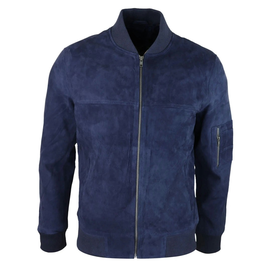 Infinity Leather Men's Leather Company Genuine Suede Bomber Jacket Leather Casual Varsity Vintage Smart Casual - Navy - 3XL