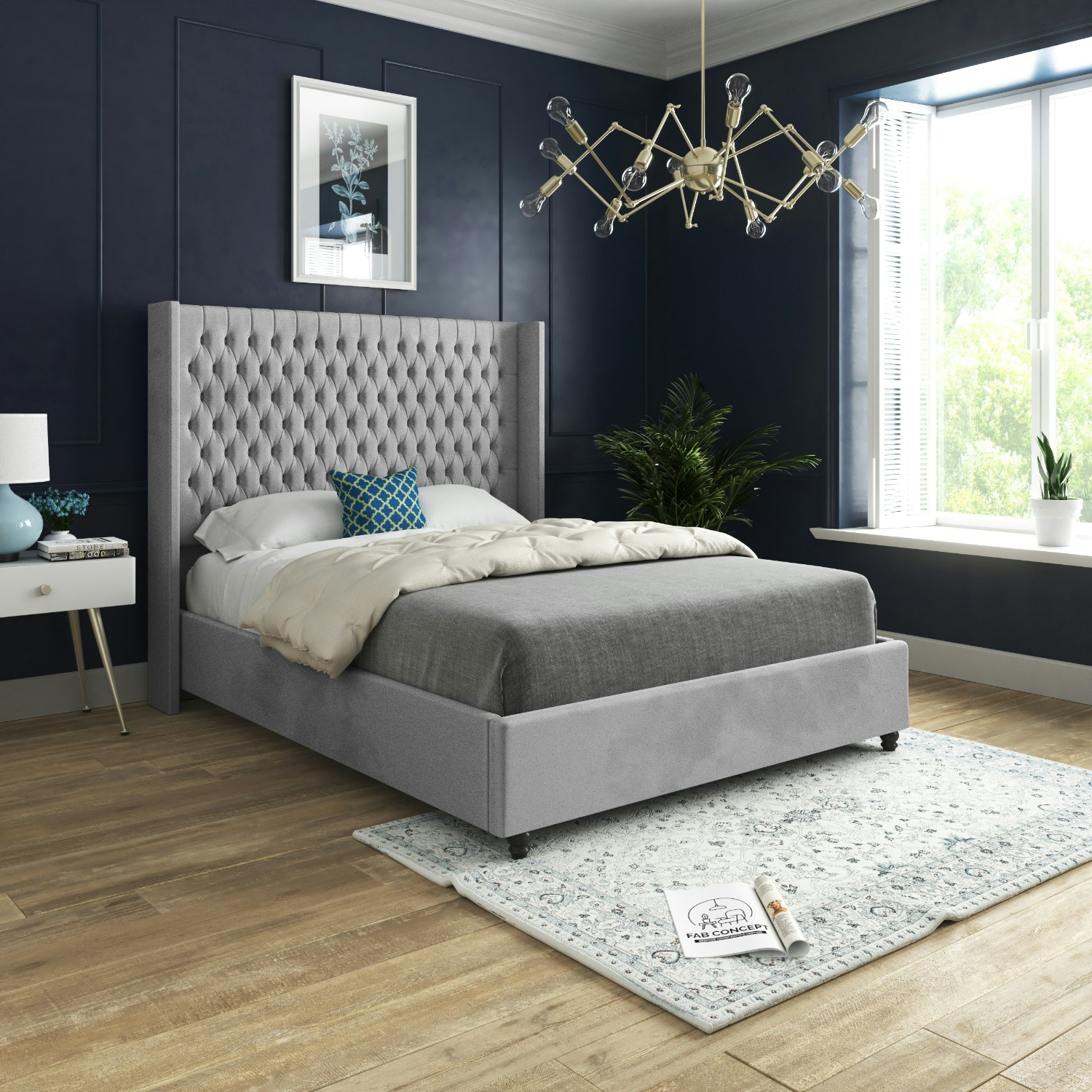 Casa Magna Grey Volta Straight Winged Upholstered Soft Velvet Bed Frame - King