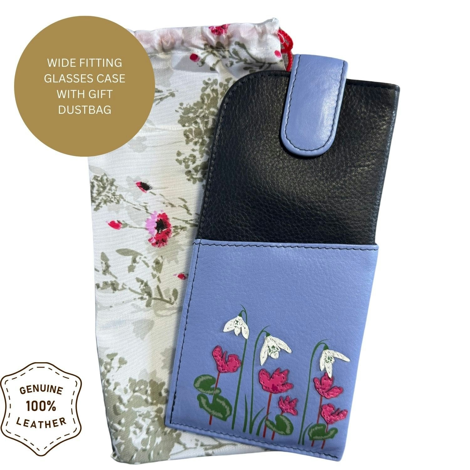 Mala Leather Snowdrop Floral Leather Glasses Case – Wide Fit With Magnetic Closure & Dust Bag - One Size - Leather - Multi
