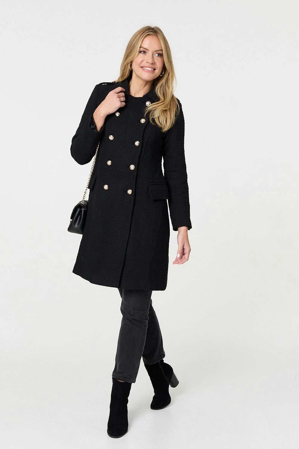 Izabel London Black Textured Knit Button Front Trench Coat - 14