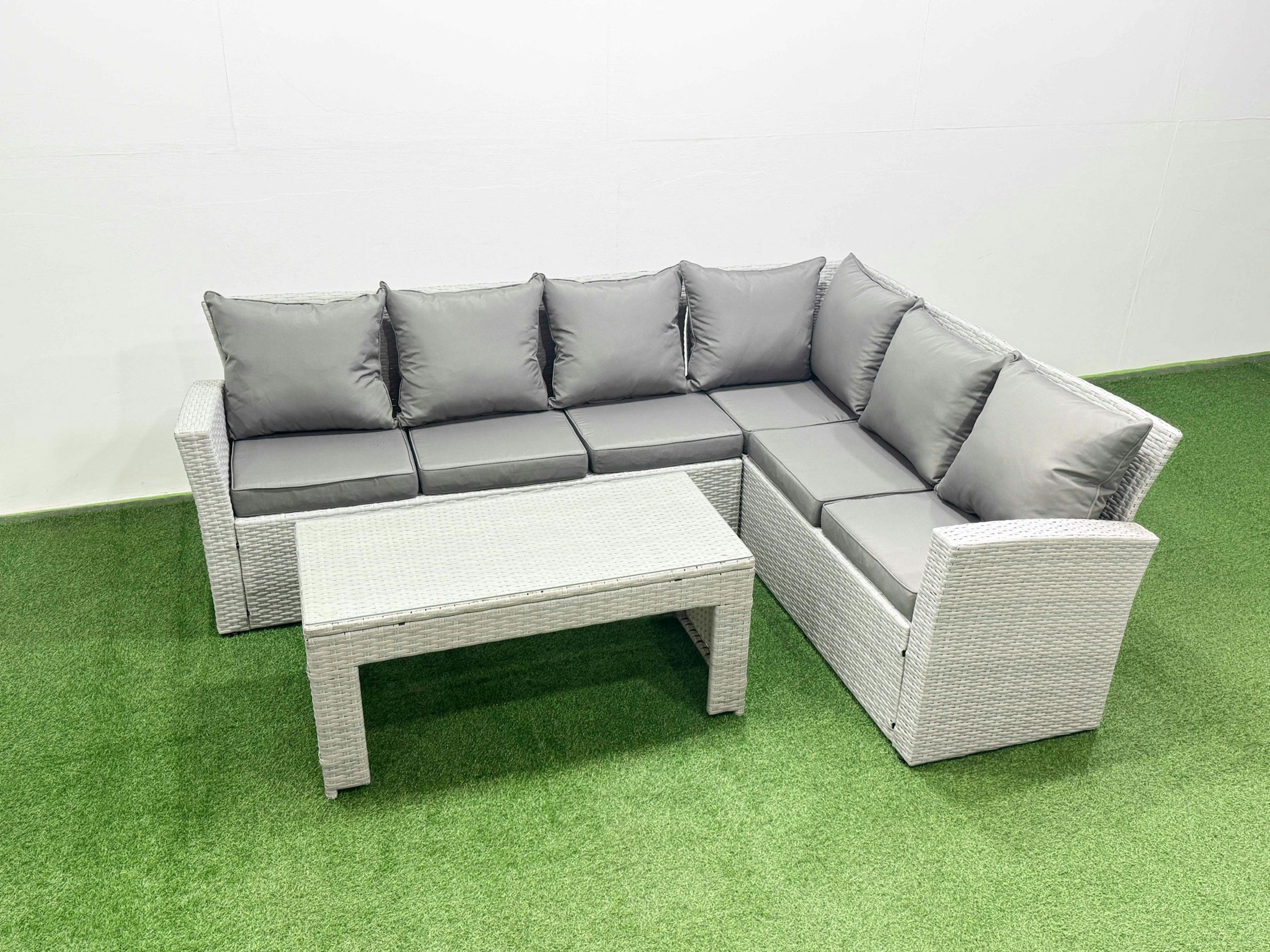 Fimous Light/Grey 6 Seater Garden Outdoor Rattan Furniture Set Rattan Corner Sofa Oblong Coffee Table Set Mixed