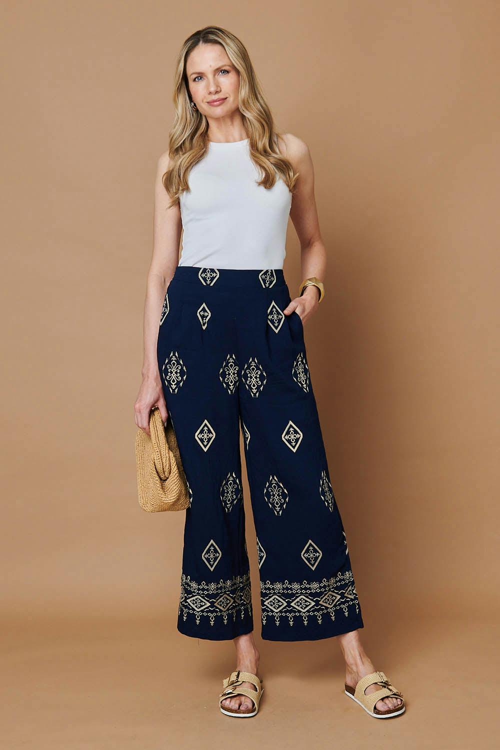 Izabel London Border Printed High Waist Wide Trousers - 14 - Navy